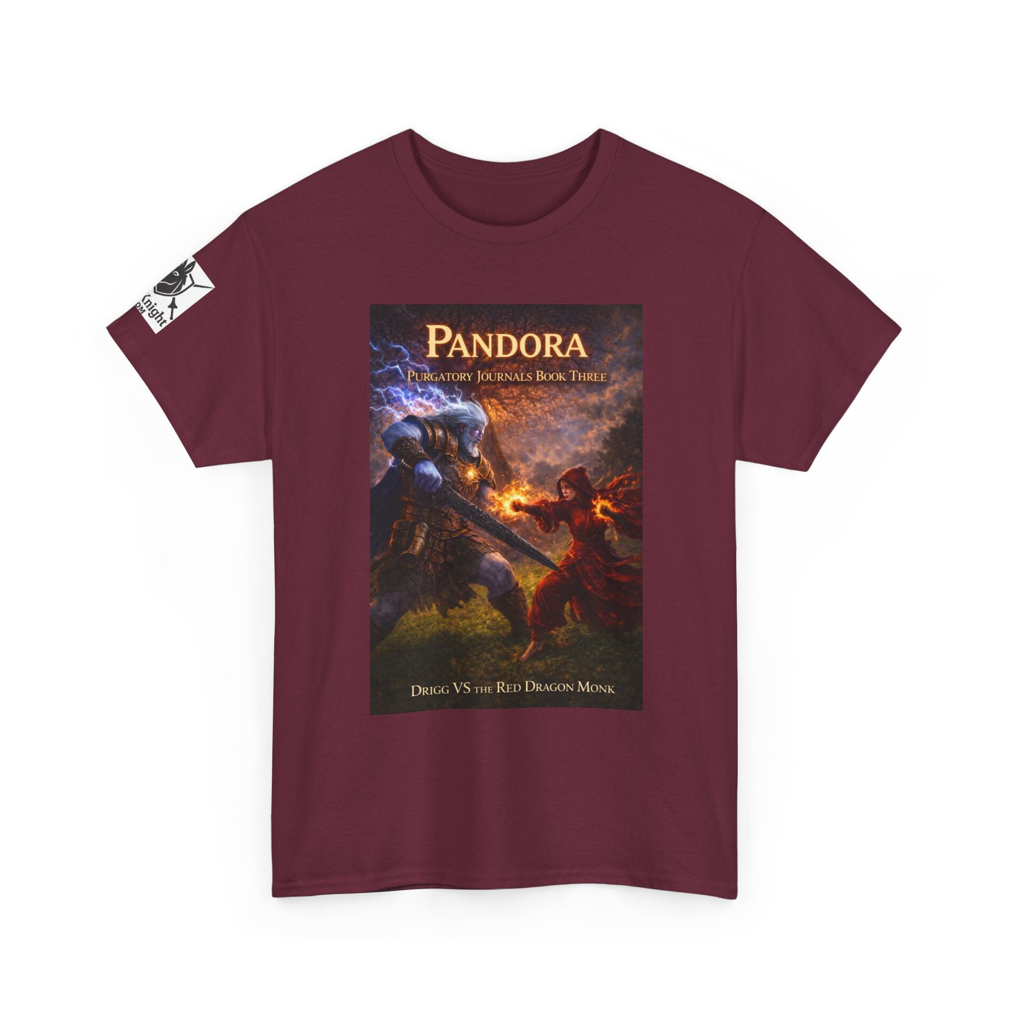 Pandora Drigg Vs Red Dragon Monk on Front - Pandora book cover on back -Purgatory Journals Book 3 -  Graphic Tee — Fantasy Novel tee
