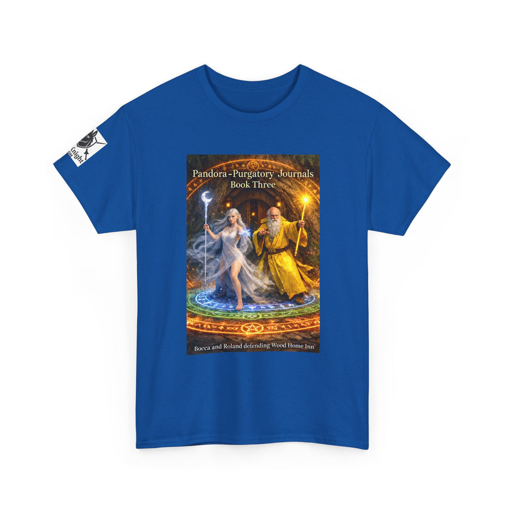 Pandora Bocca and Roland Defending Wood Home on Front - Pandora book cover on back -Purgatory Journals Book 3 -  Graphic Tee — Fantasy Novel tee