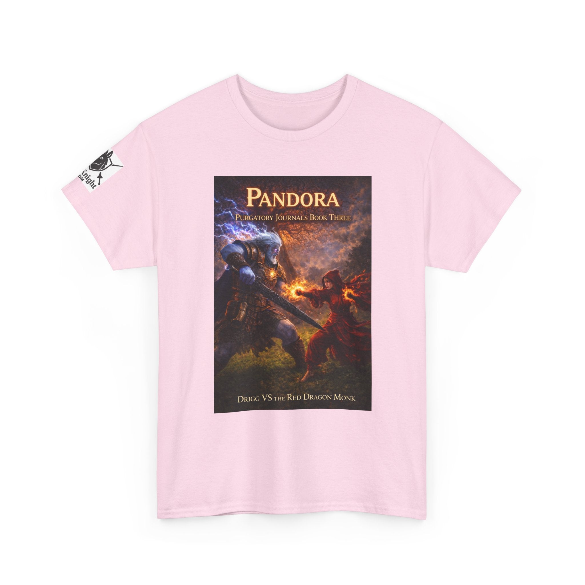 Pandora Drigg Vs Red Dragon Monk on Front - Pandora book cover on back -Purgatory Journals Book 3 -  Graphic Tee — Fantasy Novel tee