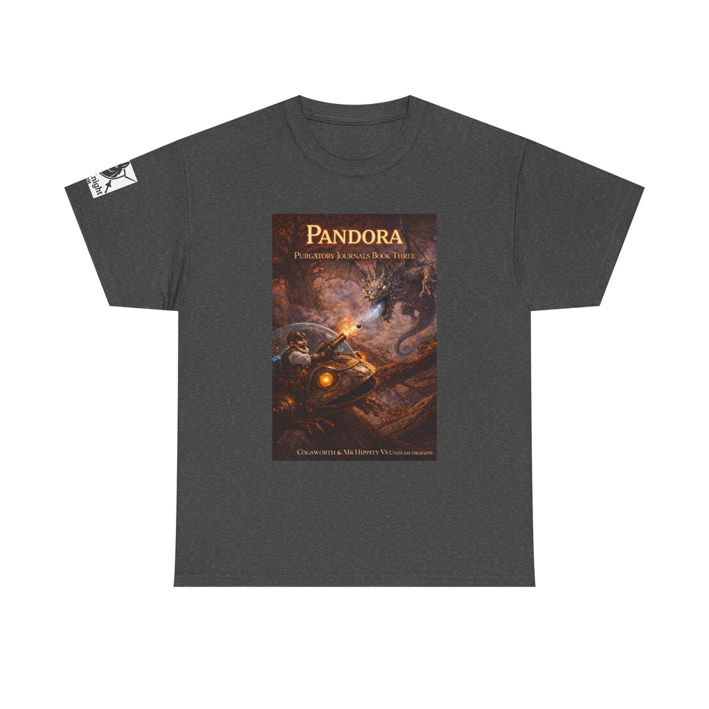 Pandora Cogsworth & Mr Hippty Vs Undead Dragon on Front - Pandora book cover on back -Purgatory Journals Book 3 -  Graphic Tee — Fantasy Novel tee