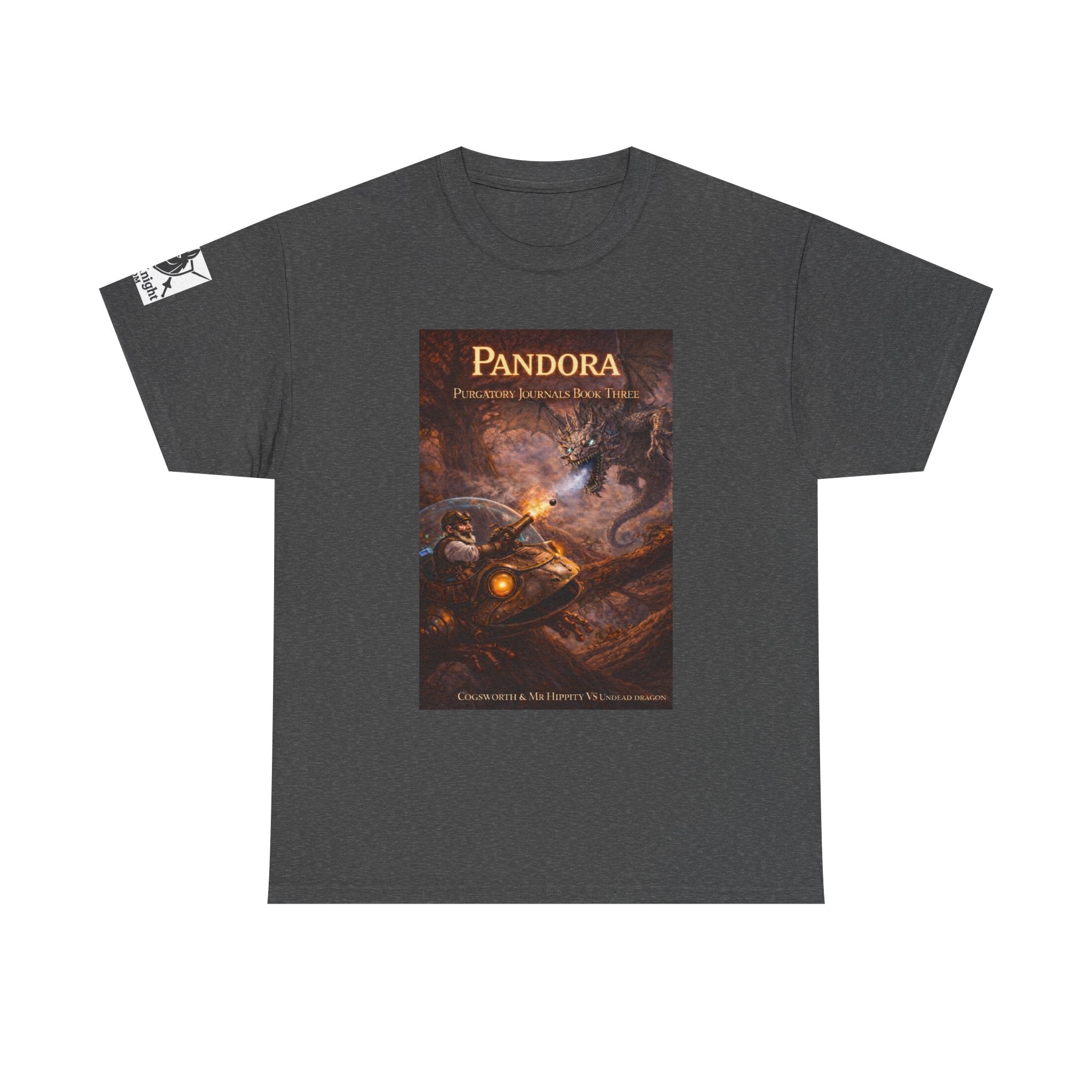 Pandora Cogsworth & Mr Hippty Vs Undead Dragon on Front - Pandora book cover on back -Purgatory Journals Book 3 -  Graphic Tee — Fantasy Novel tee