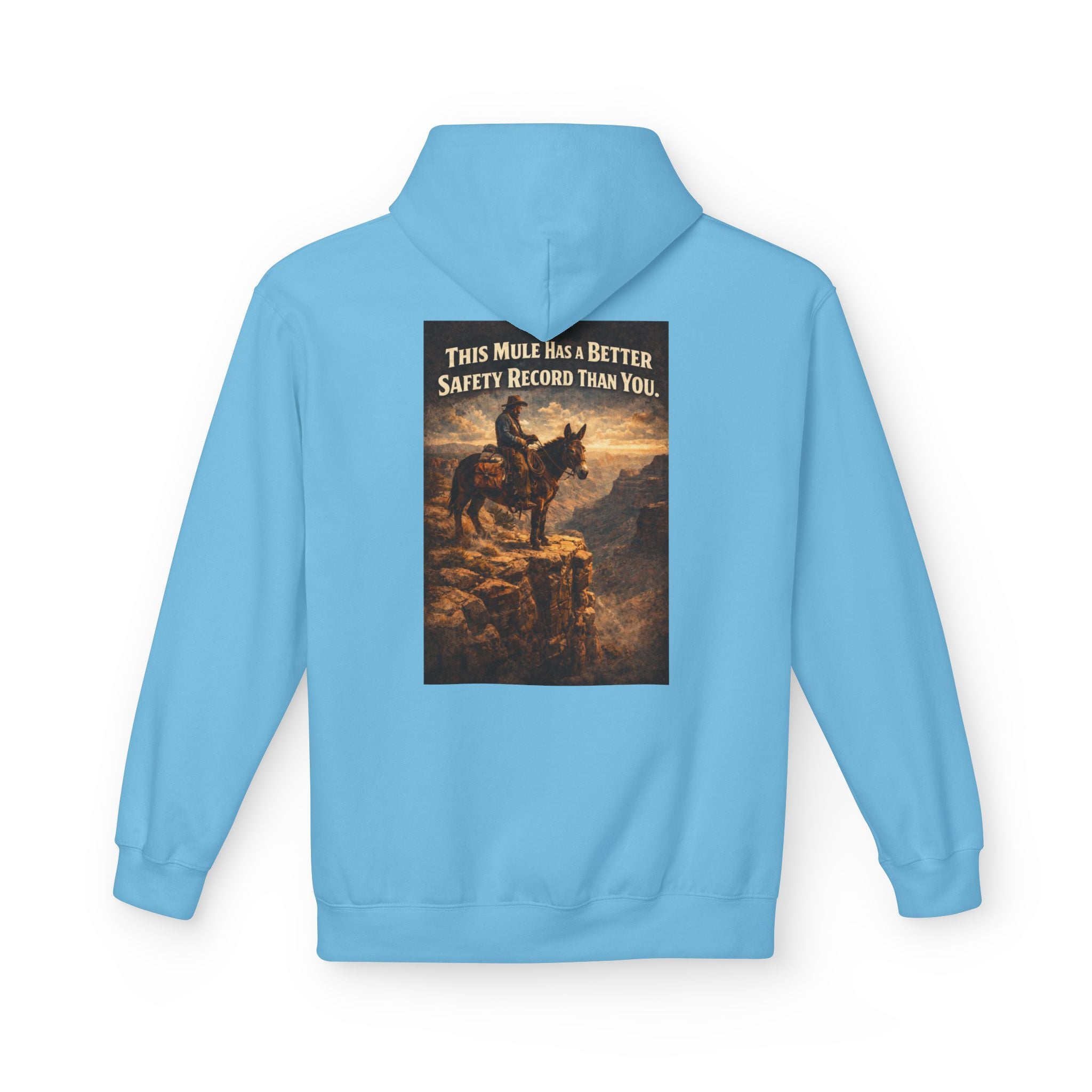 Riding Mule Graphic Hoodie – "This Mule Has a Better Safety Record Than You" Outdoor Adventure Sweatshirt