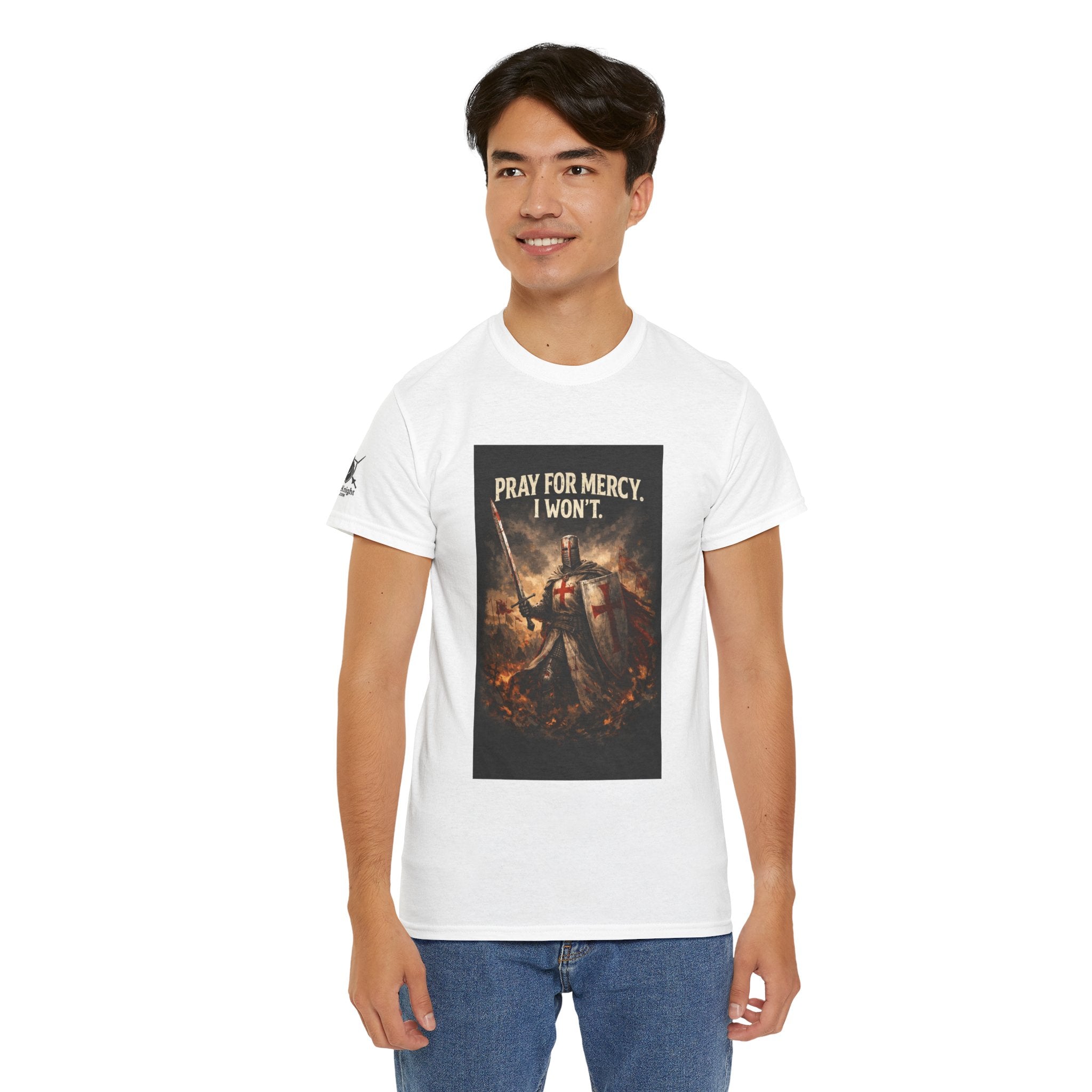 Crusader Knight T‑Shirt – "Pray for Mercy. I Won't." Graphic Tee