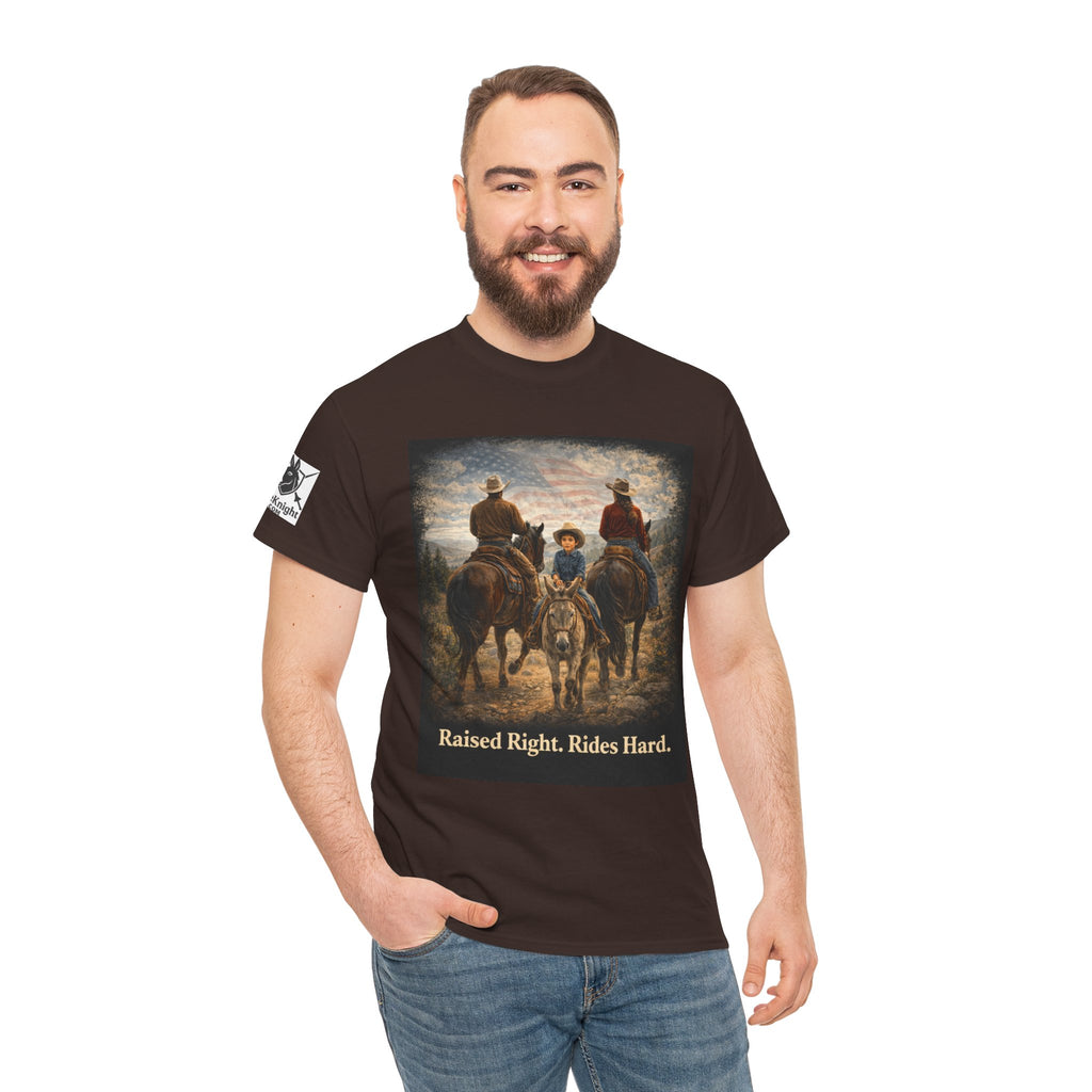 Raised Right Rides Hard USA Flag T-Shirt — Cowboy Landscape Graphic Tee