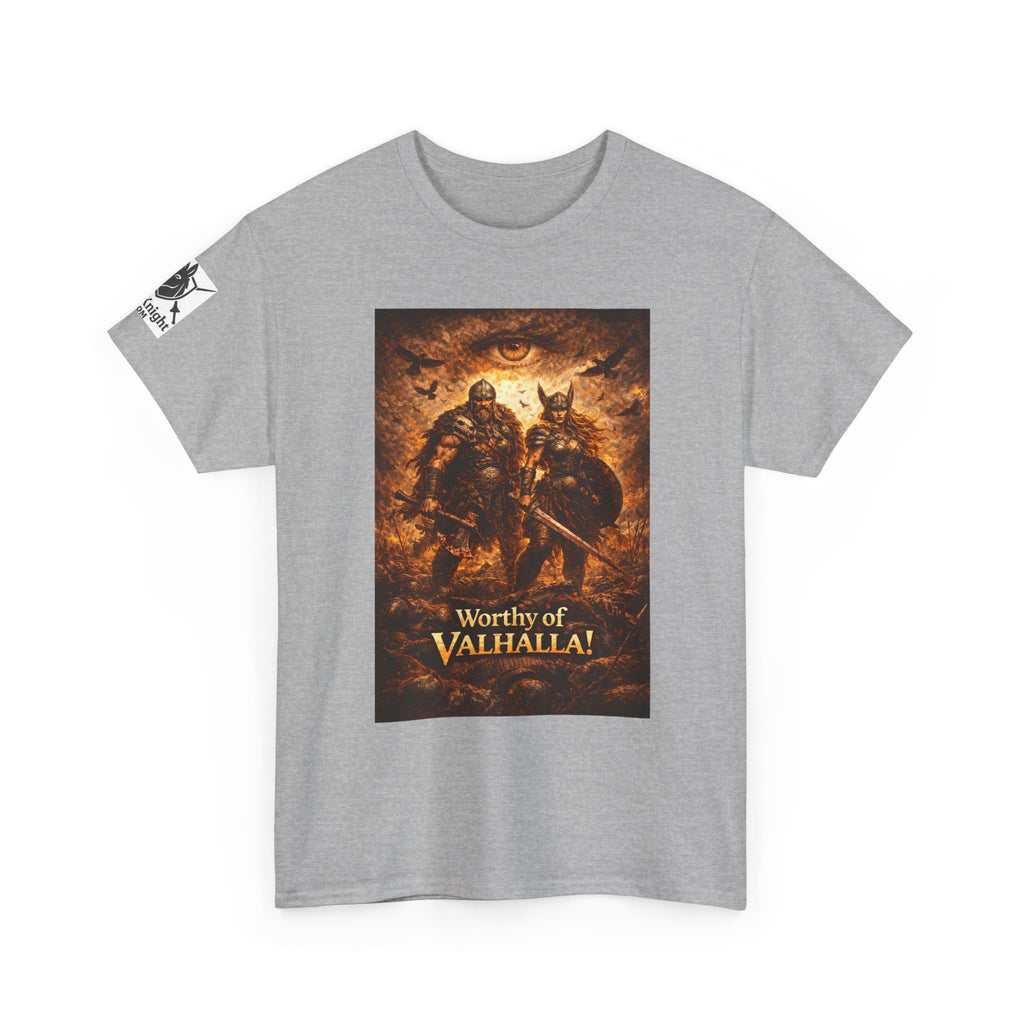 Viking shirt - Viking man and woman on battlefield of ravens - Text of Worthy of Valhalla!   Viking tee