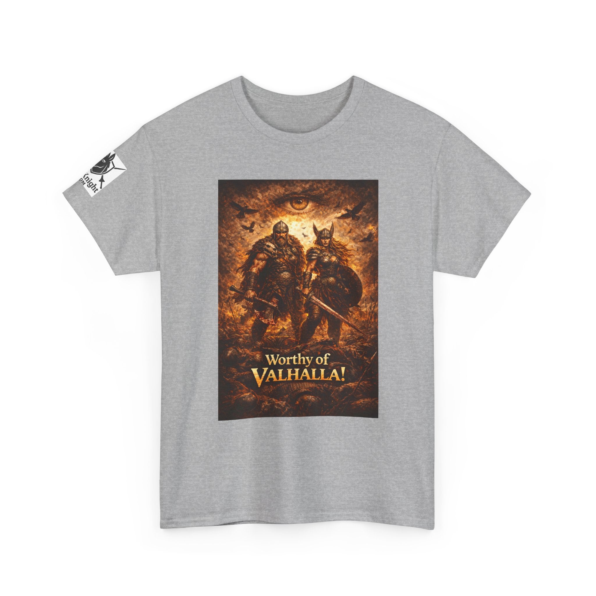 Viking shirt - Viking man and woman on battlefield of ravens - Text of Worthy of Valhalla!   Viking tee