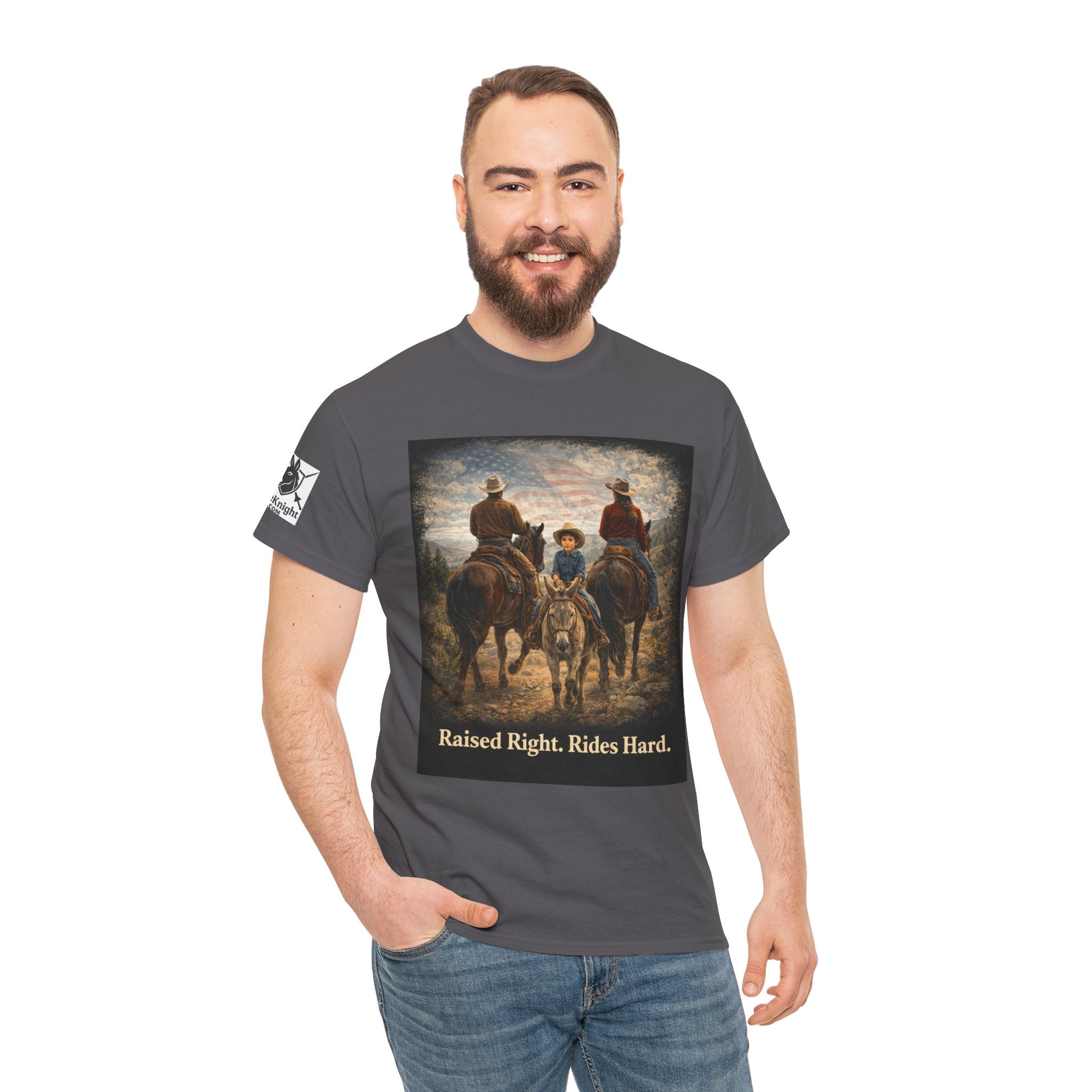 Raised Right Rides Hard USA Flag T-Shirt — Cowboy Landscape Graphic Tee