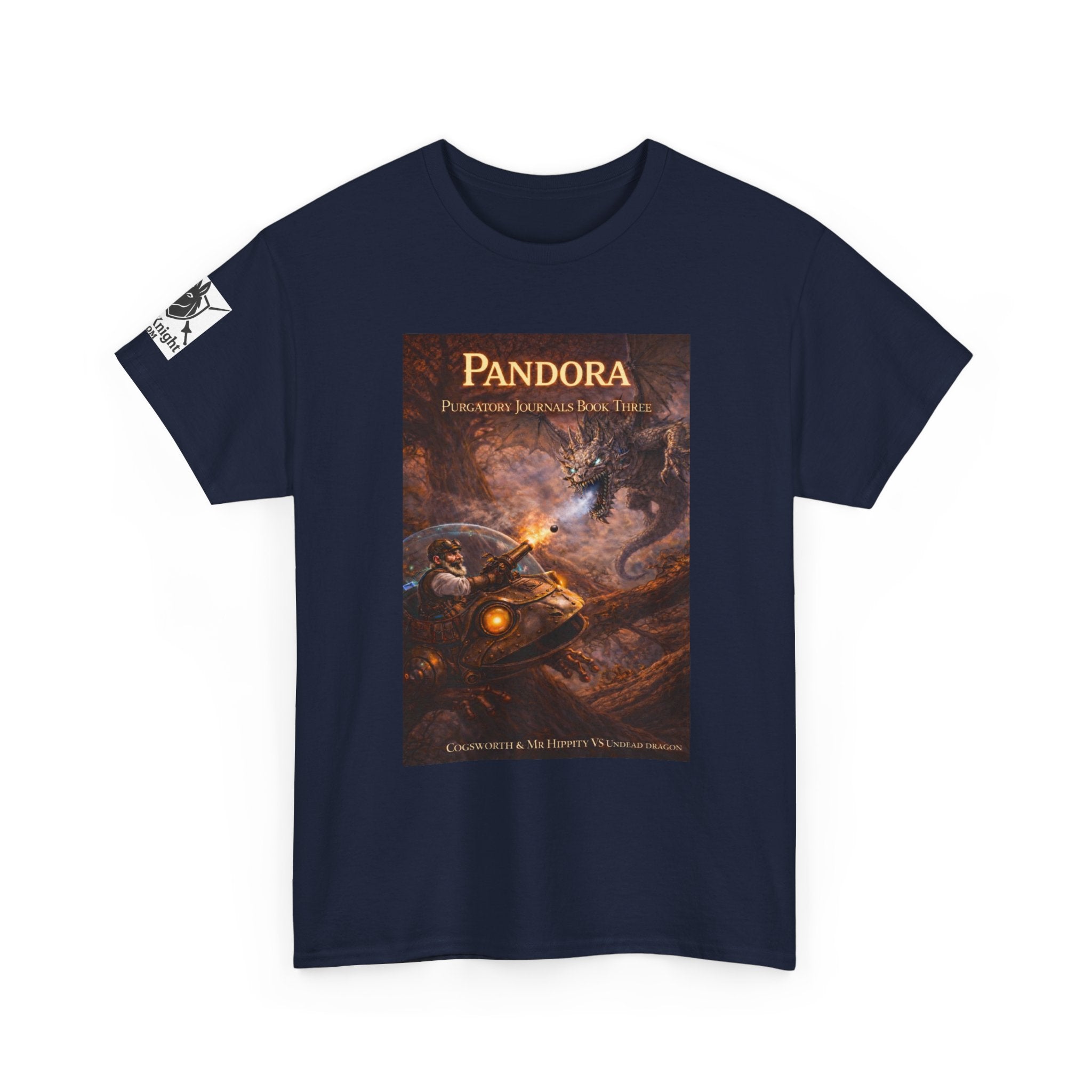 Pandora Cogsworth & Mr Hippty Vs Undead Dragon on Front - Pandora book cover on back -Purgatory Journals Book 3 -  Graphic Tee — Fantasy Novel tee
