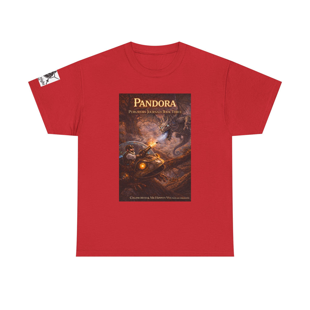 Pandora Cogsworth & Mr Hippty Vs Undead Dragon on Front - Pandora book cover on back -Purgatory Journals Book 3 -  Graphic Tee — Fantasy Novel tee