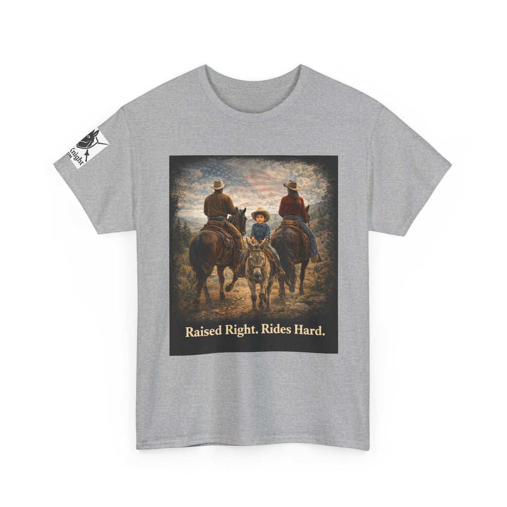 Raised Right Rides Hard USA Flag T-Shirt — Cowboy Landscape Graphic Tee