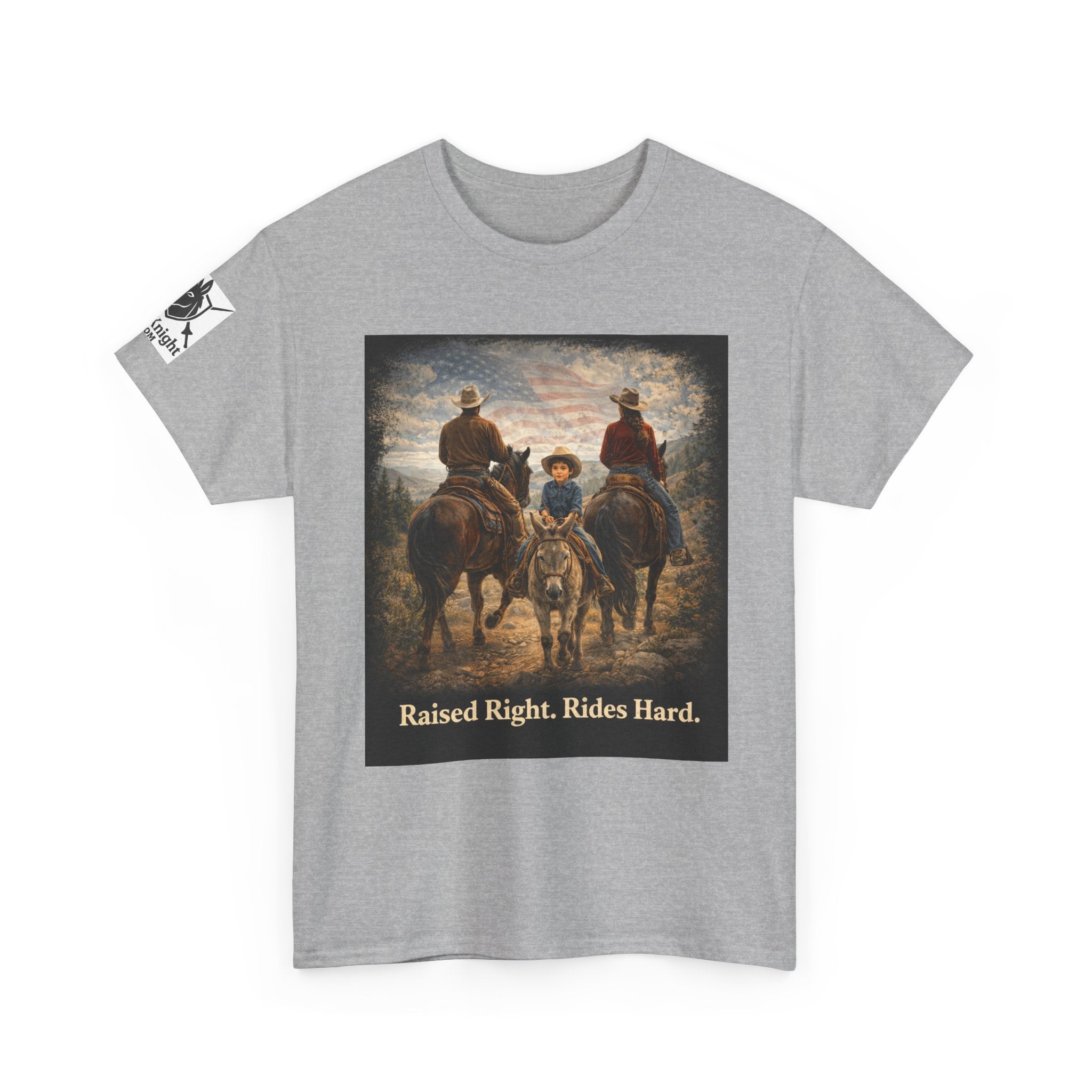 Raised Right Rides Hard USA Flag T-Shirt — Cowboy Landscape Graphic Tee
