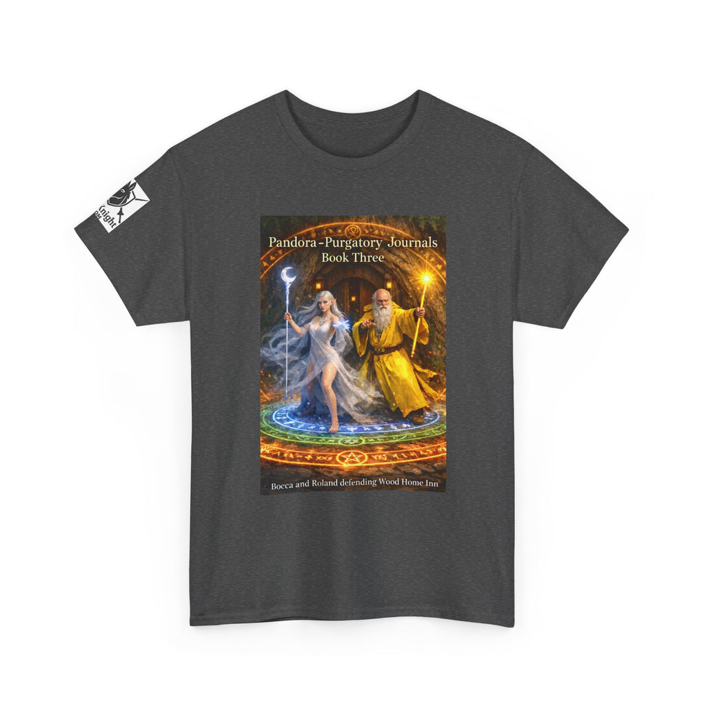 Pandora Bocca and Roland Defending Wood Home on Front - Pandora book cover on back -Purgatory Journals Book 3 -  Graphic Tee — Fantasy Novel tee