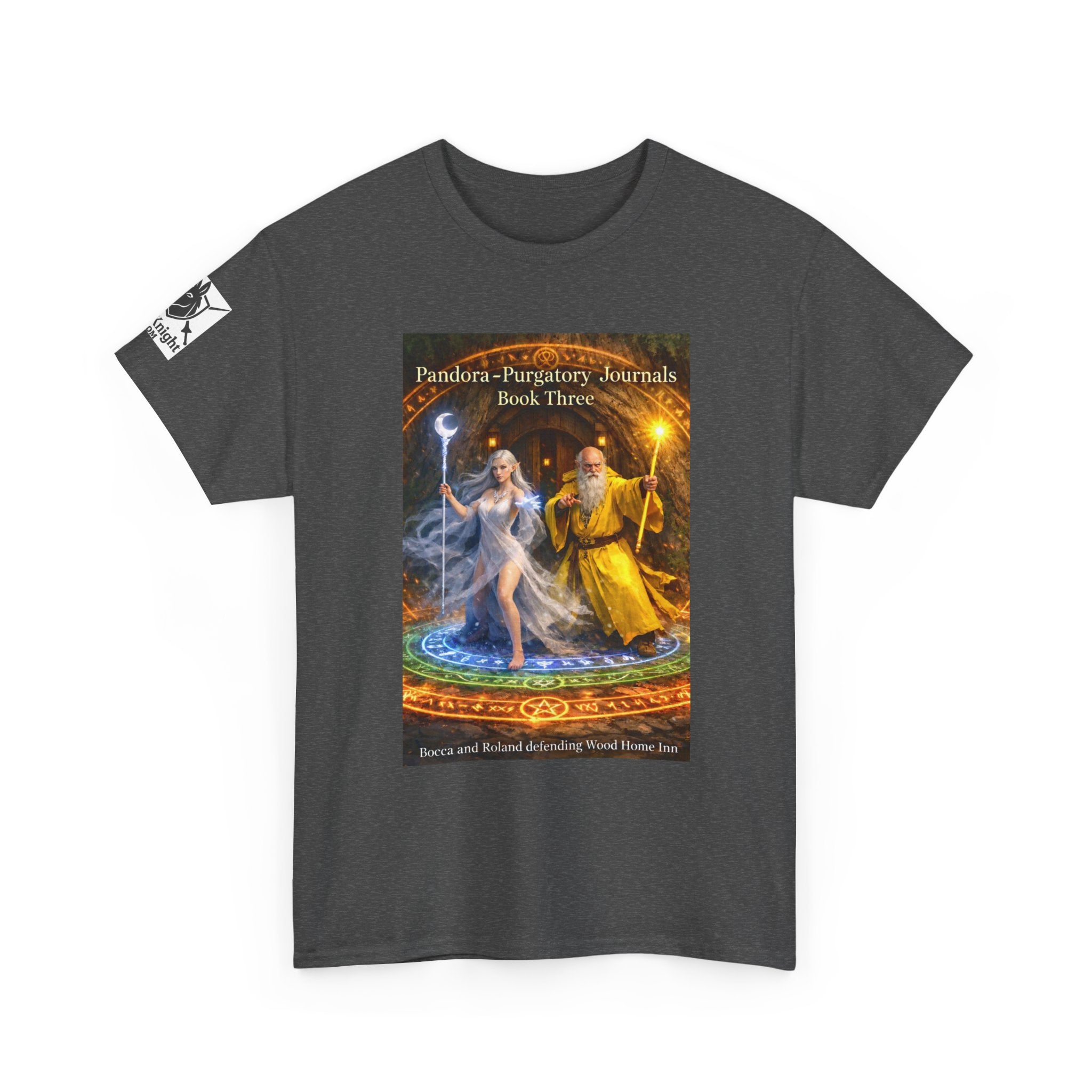 Pandora Bocca and Roland Defending Wood Home on Front - Pandora book cover on back -Purgatory Journals Book 3 -  Graphic Tee — Fantasy Novel tee