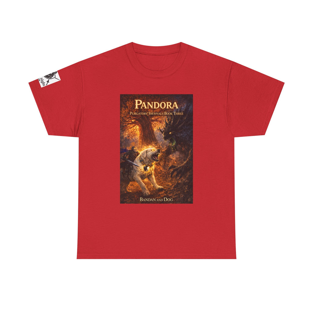 Pandora Bandan and Dog on Front - Pandora book cover on back -Purgatory Journals Book 3 -  Graphic Tee — Fantasy Novel tee
