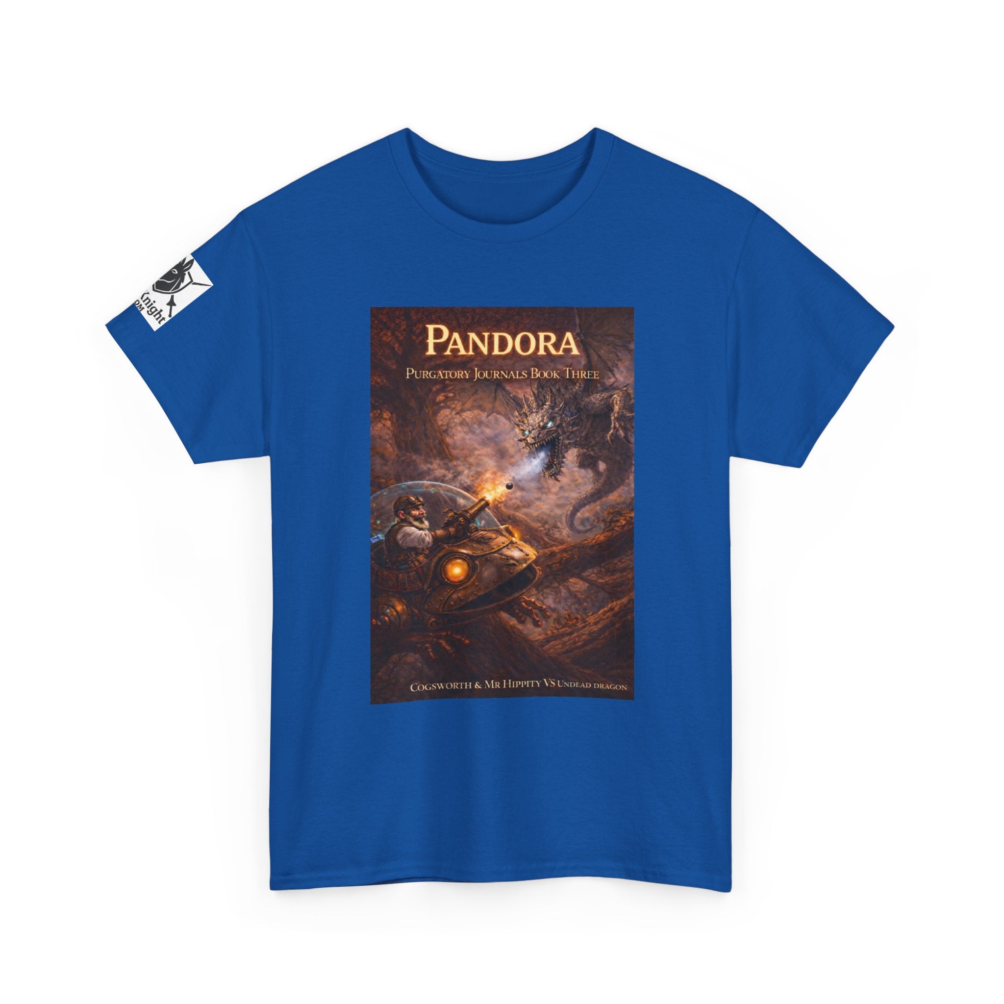 Pandora Cogsworth & Mr Hippty Vs Undead Dragon on Front - Pandora book cover on back -Purgatory Journals Book 3 -  Graphic Tee — Fantasy Novel tee