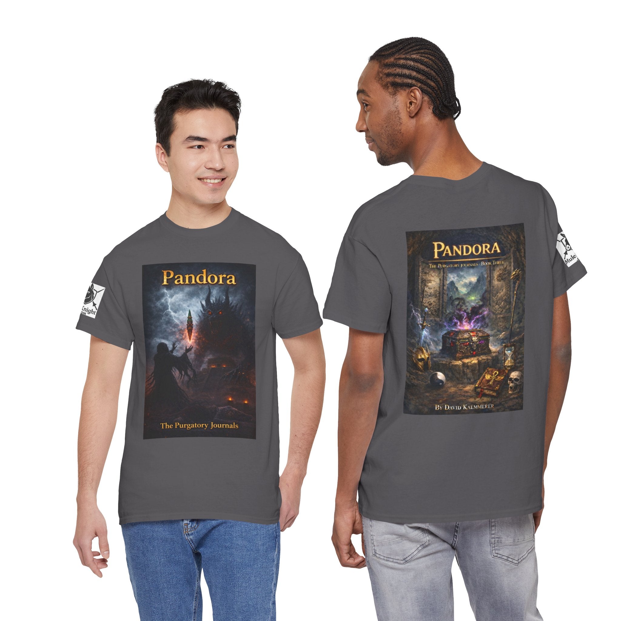 Pandora Summoning on Front - Pandora book cover on back -Purgatory Journals Book 3 -   Fantasy Novel tee