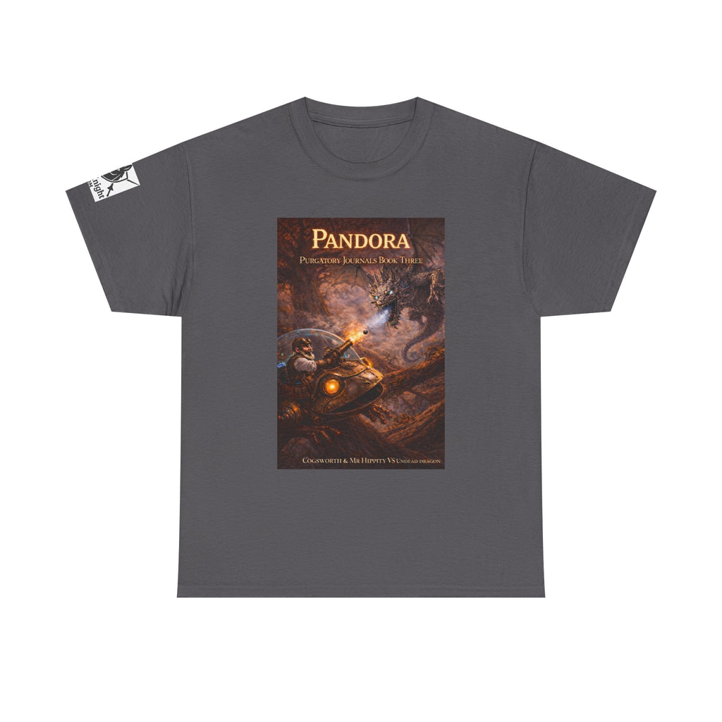 Pandora Cogsworth & Mr Hippty Vs Undead Dragon on Front - Pandora book cover on back -Purgatory Journals Book 3 -  Graphic Tee — Fantasy Novel tee