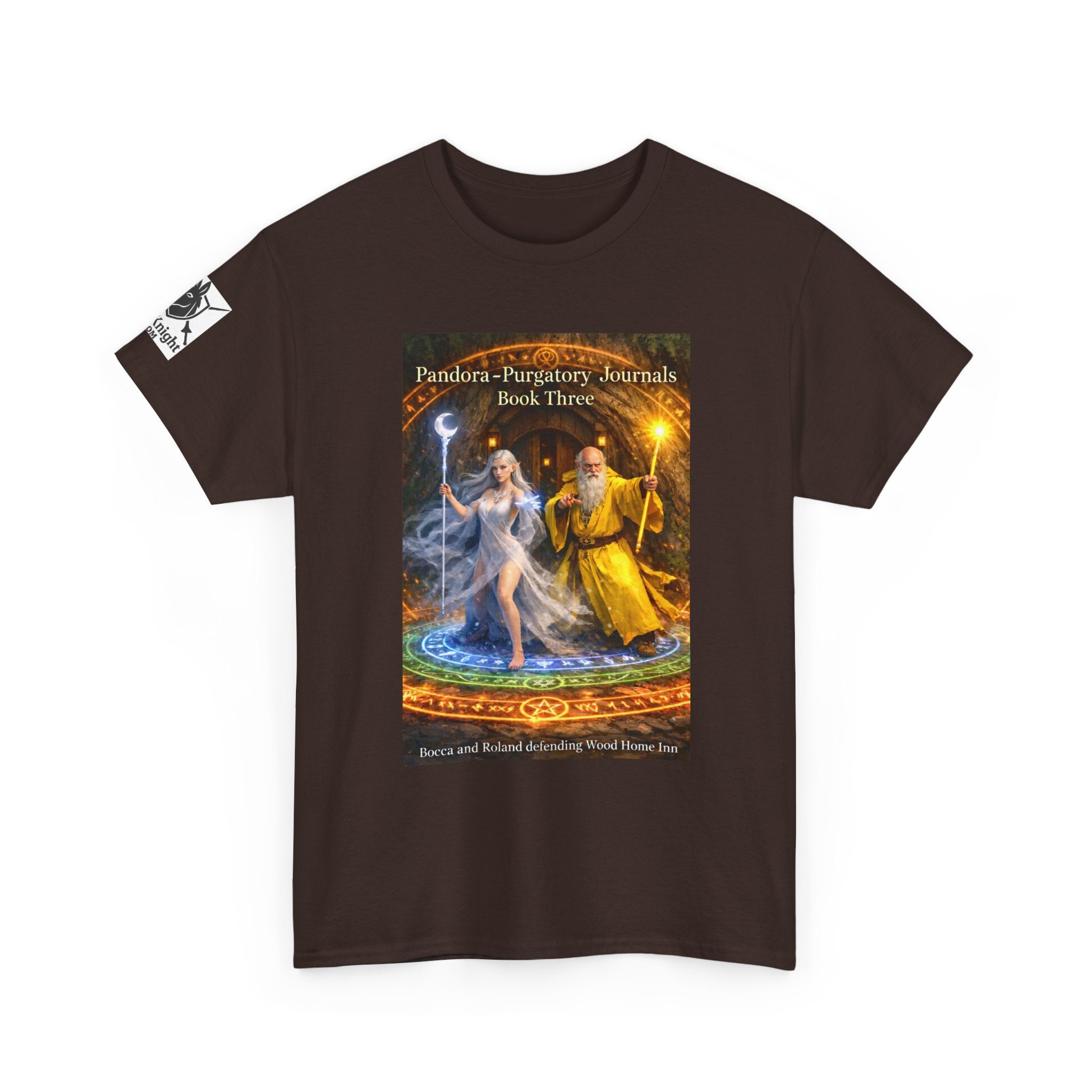 Pandora Bocca and Roland Defending Wood Home on Front - Pandora book cover on back -Purgatory Journals Book 3 -  Graphic Tee — Fantasy Novel tee