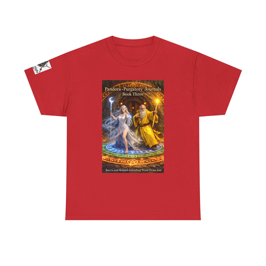 Pandora Bocca and Roland Defending Wood Home on Front - Pandora book cover on back -Purgatory Journals Book 3 -  Graphic Tee — Fantasy Novel tee
