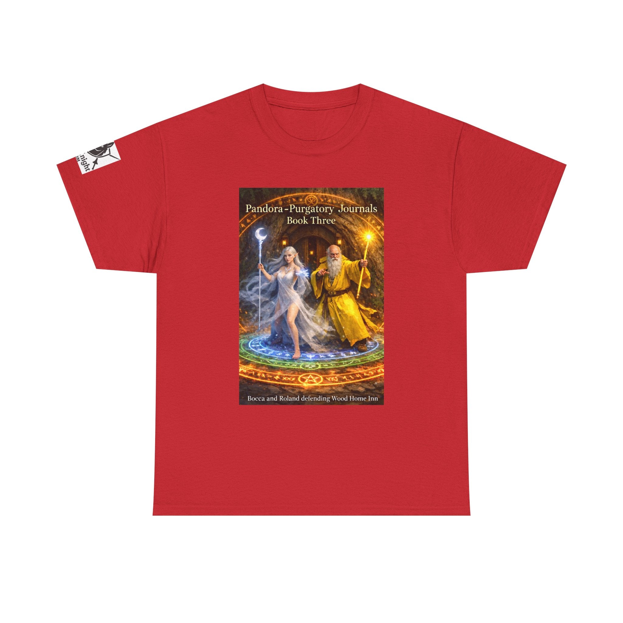 Pandora Bocca and Roland Defending Wood Home on Front - Pandora book cover on back -Purgatory Journals Book 3 -  Graphic Tee — Fantasy Novel tee