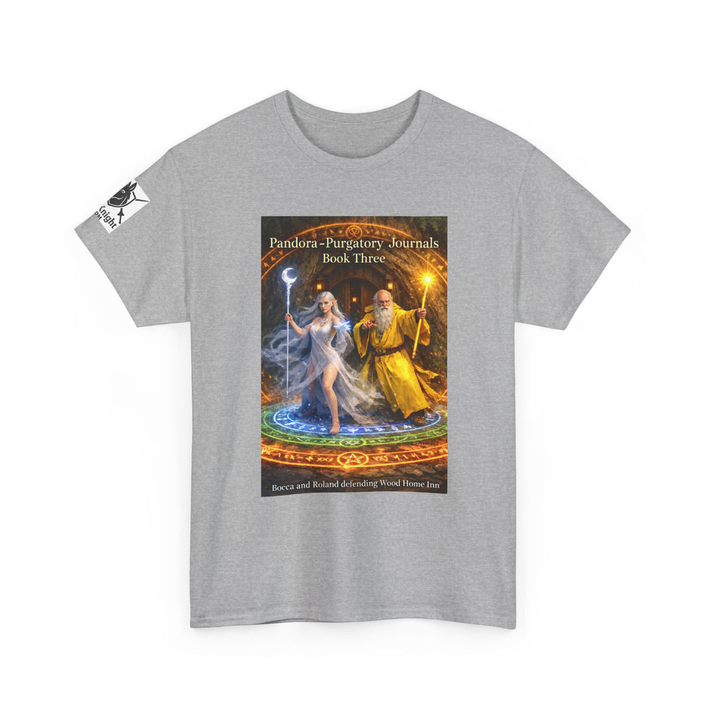 Pandora Bocca and Roland Defending Wood Home on Front - Pandora book cover on back -Purgatory Journals Book 3 -  Graphic Tee — Fantasy Novel tee
