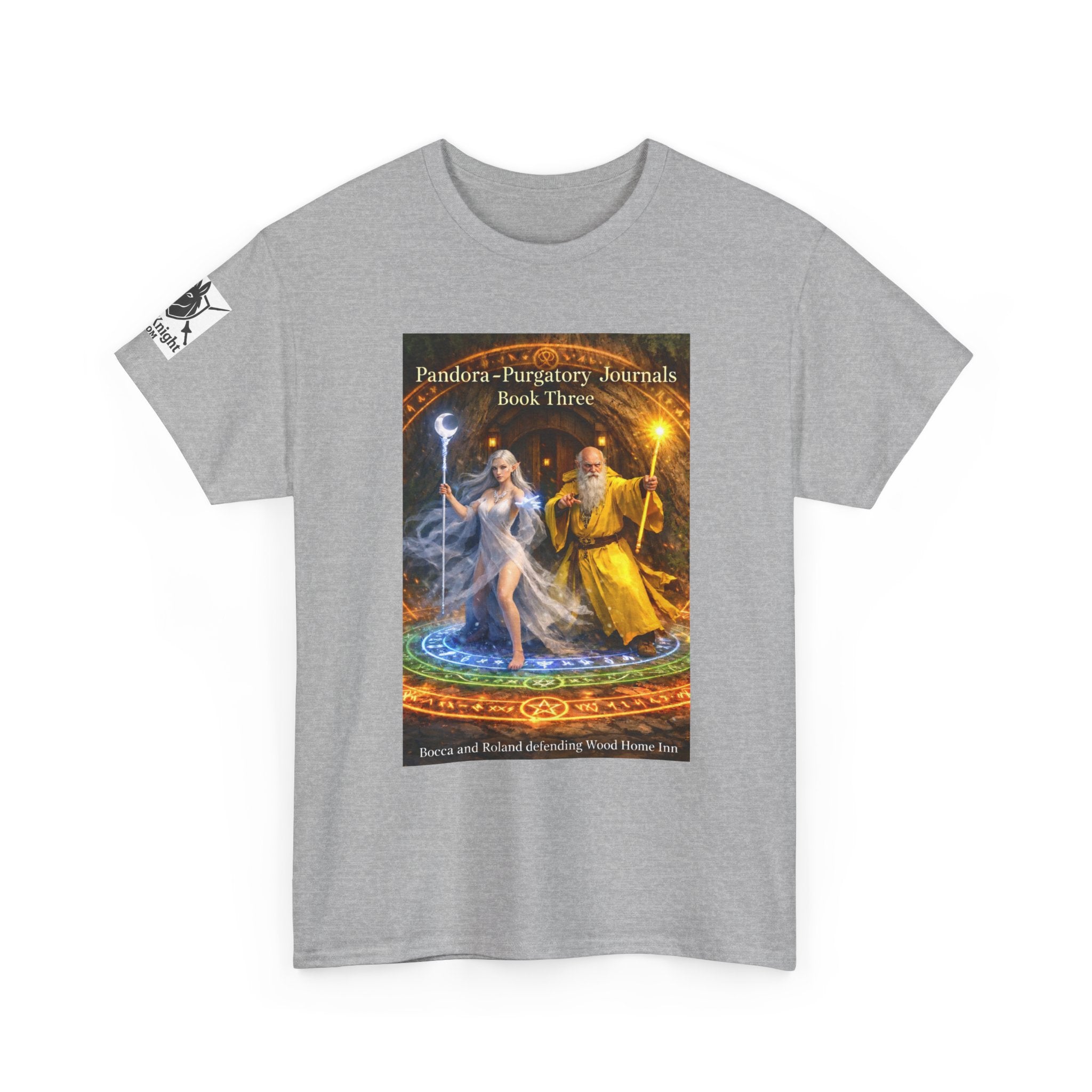 Pandora Bocca and Roland Defending Wood Home on Front - Pandora book cover on back -Purgatory Journals Book 3 -  Graphic Tee — Fantasy Novel tee