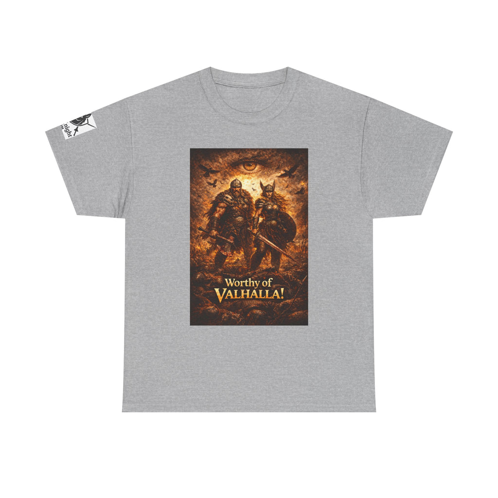 Viking shirt - Viking man and woman on battlefield of ravens - Text of Worthy of Valhalla!   Viking tee