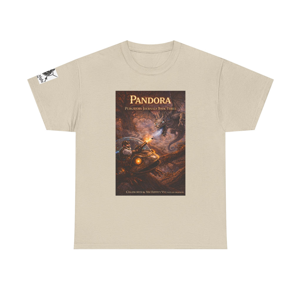 Pandora Cogsworth & Mr Hippty Vs Undead Dragon on Front - Pandora book cover on back -Purgatory Journals Book 3 -  Graphic Tee — Fantasy Novel tee