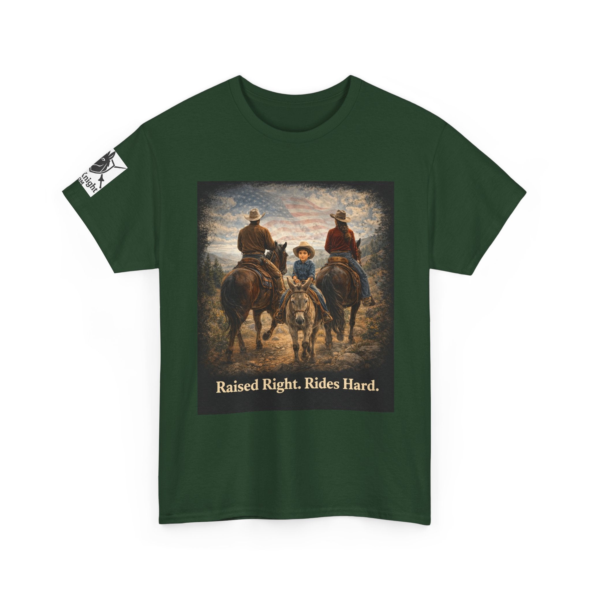 Raised Right Rides Hard USA Flag T-Shirt — Cowboy Landscape Graphic Tee
