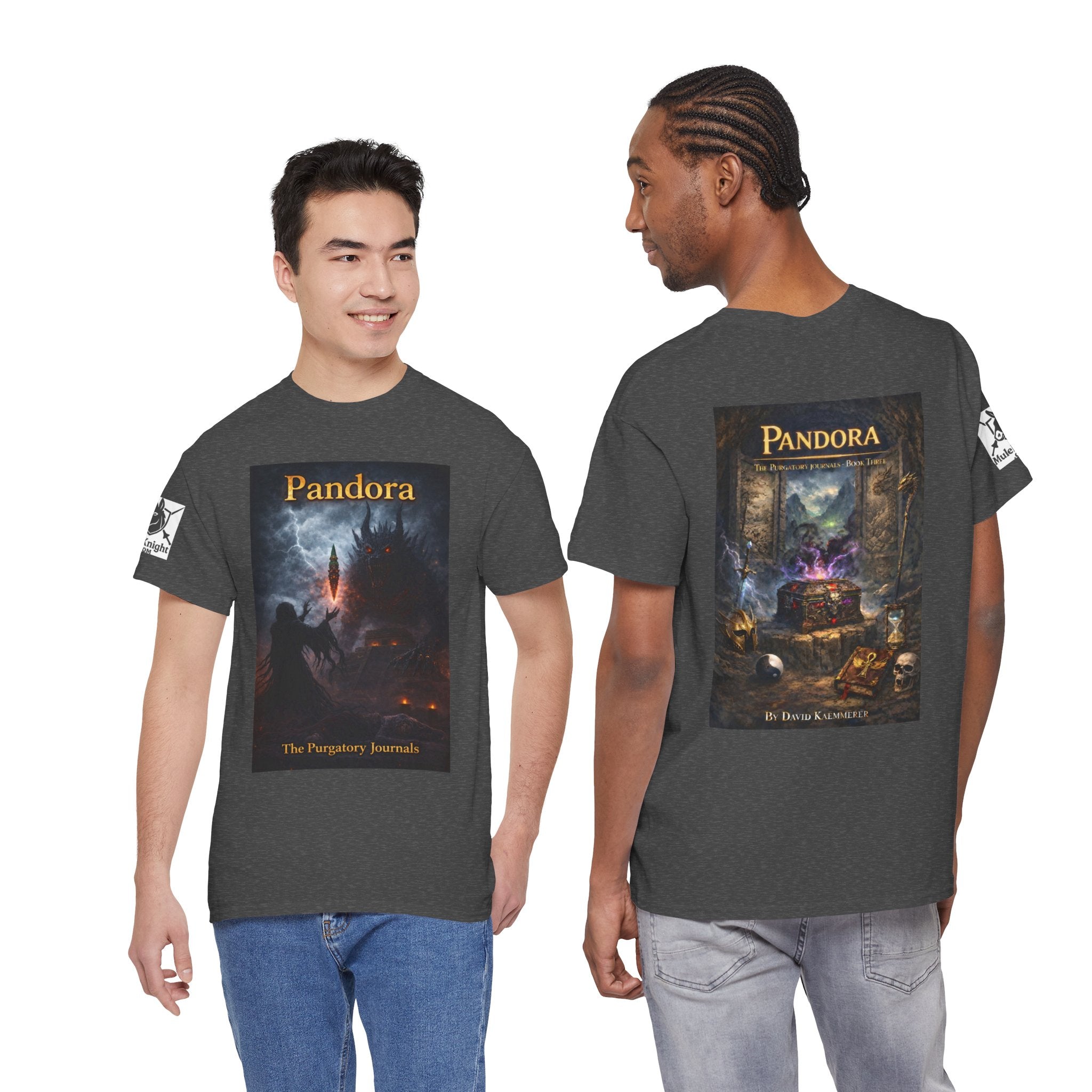 Pandora Summoning on Front - Pandora book cover on back -Purgatory Journals Book 3 -   Fantasy Novel tee