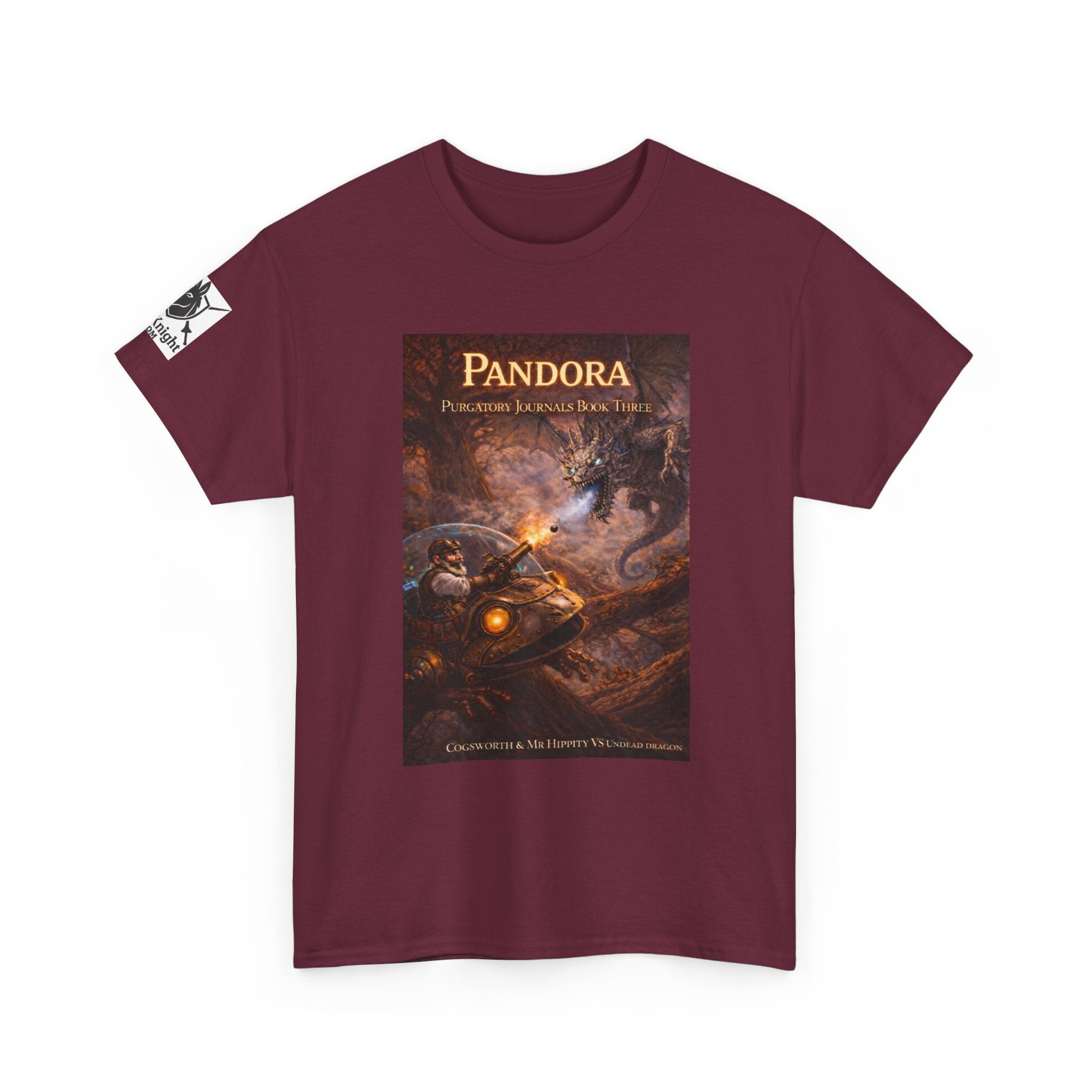 Pandora Cogsworth & Mr Hippty Vs Undead Dragon on Front - Pandora book cover on back -Purgatory Journals Book 3 -  Graphic Tee — Fantasy Novel tee