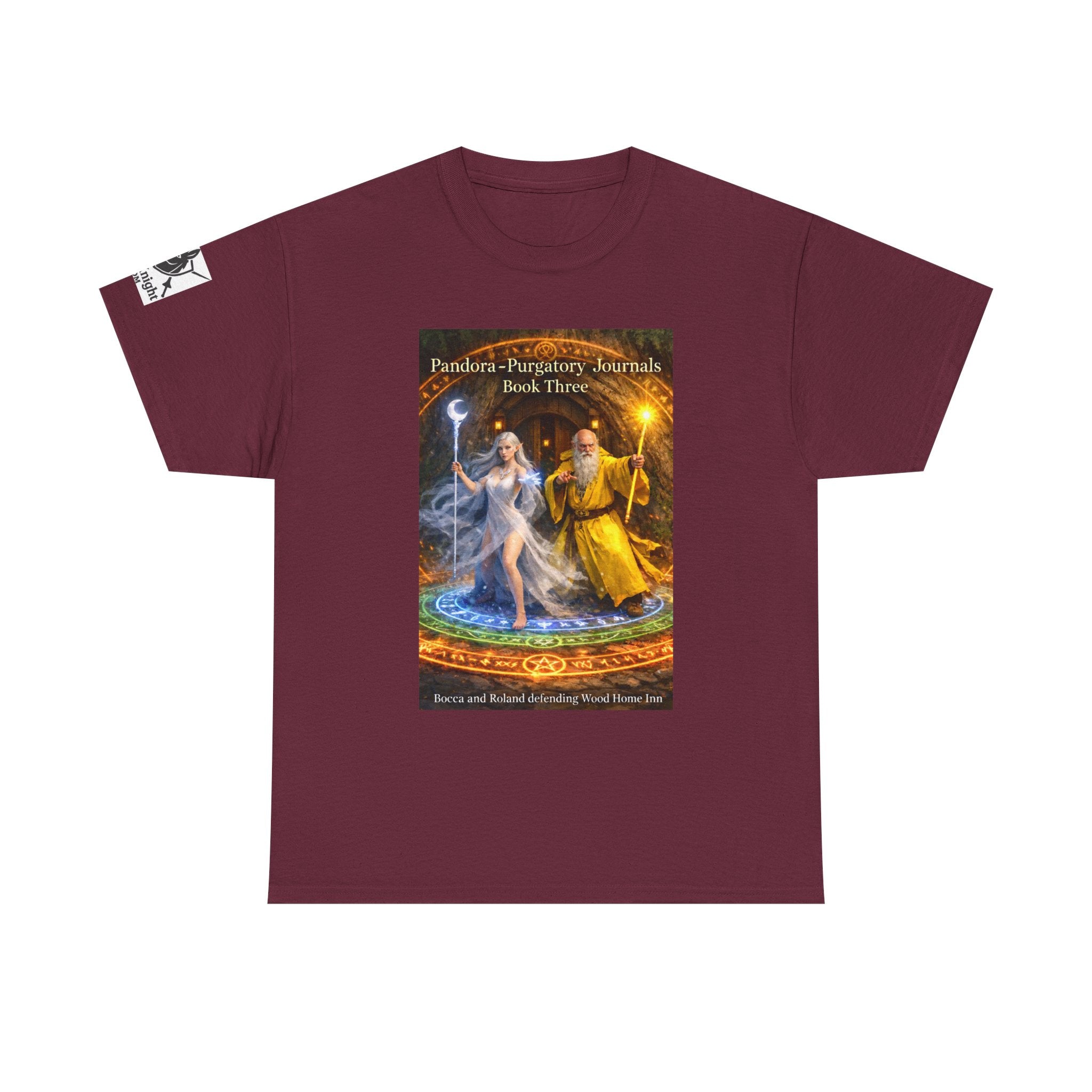 Pandora Bocca and Roland Defending Wood Home on Front - Pandora book cover on back -Purgatory Journals Book 3 -  Graphic Tee — Fantasy Novel tee