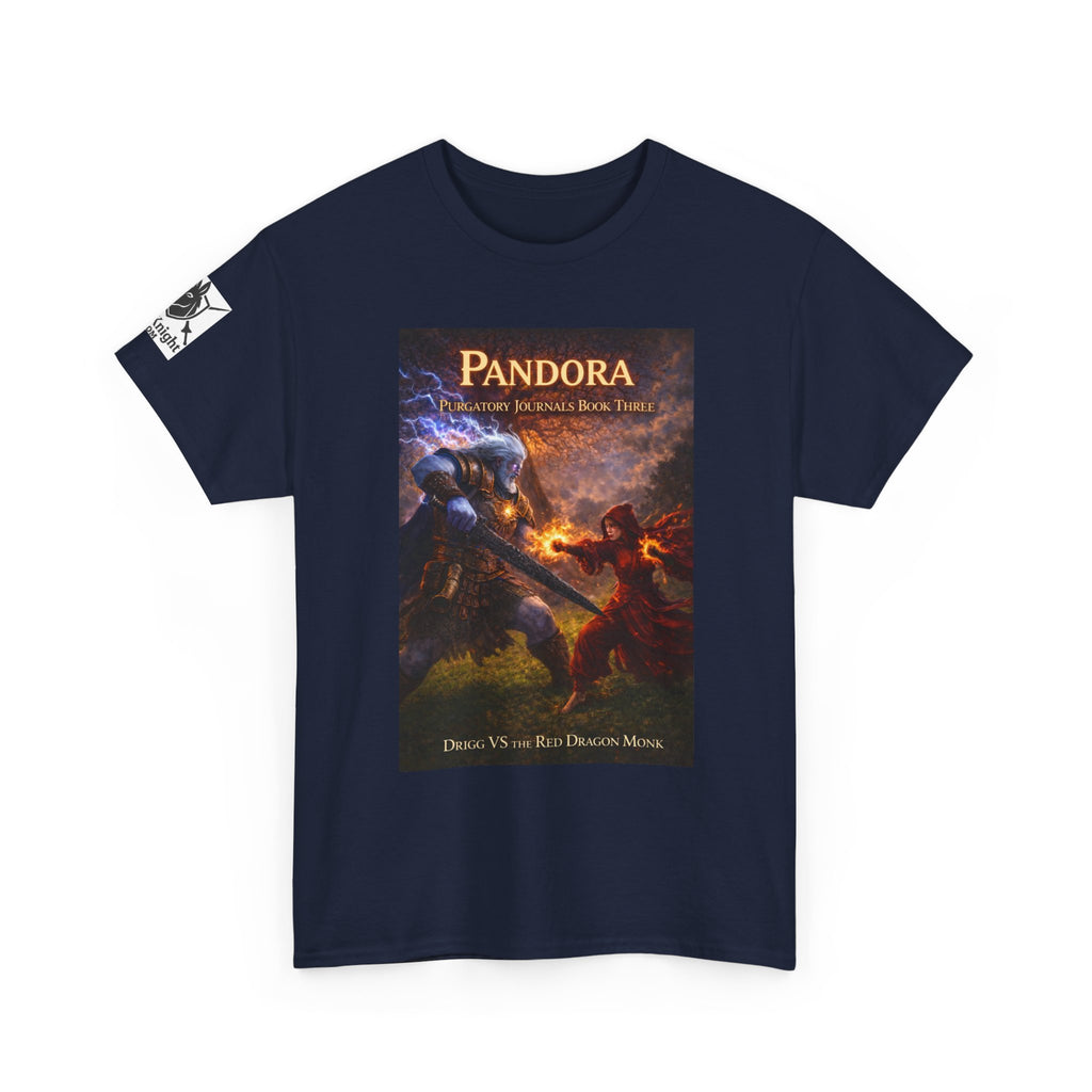 Pandora Drigg Vs Red Dragon Monk on Front - Pandora book cover on back -Purgatory Journals Book 3 -  Graphic Tee — Fantasy Novel tee
