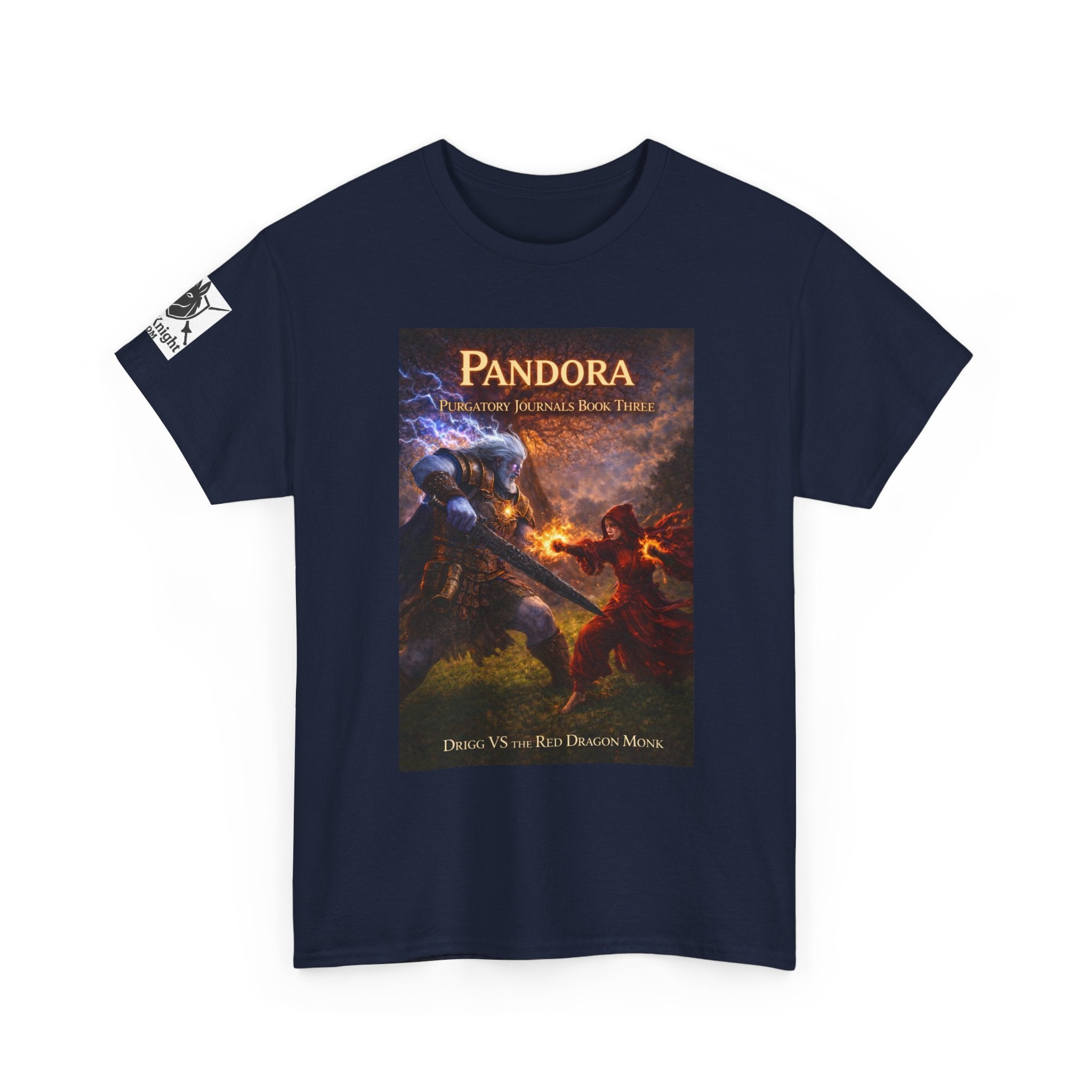 Pandora Drigg Vs Red Dragon Monk on Front - Pandora book cover on back -Purgatory Journals Book 3 -  Graphic Tee — Fantasy Novel tee