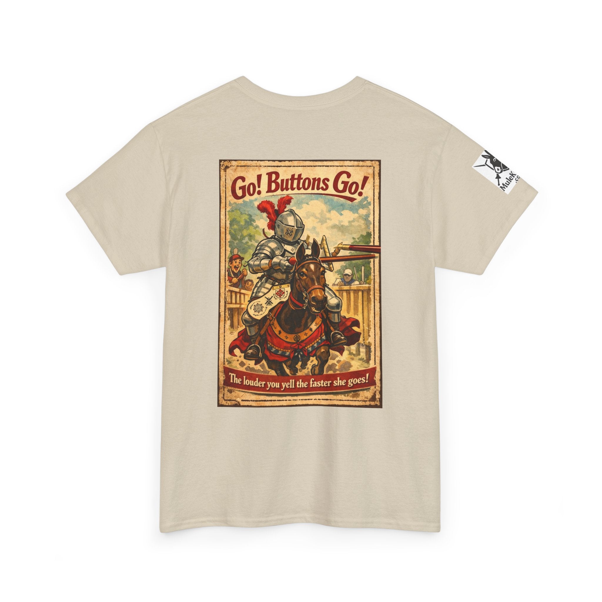 Vintage ‘Go! Buttons Go!’ Knight Graphic Tee — Retro Medieval T-Shirt