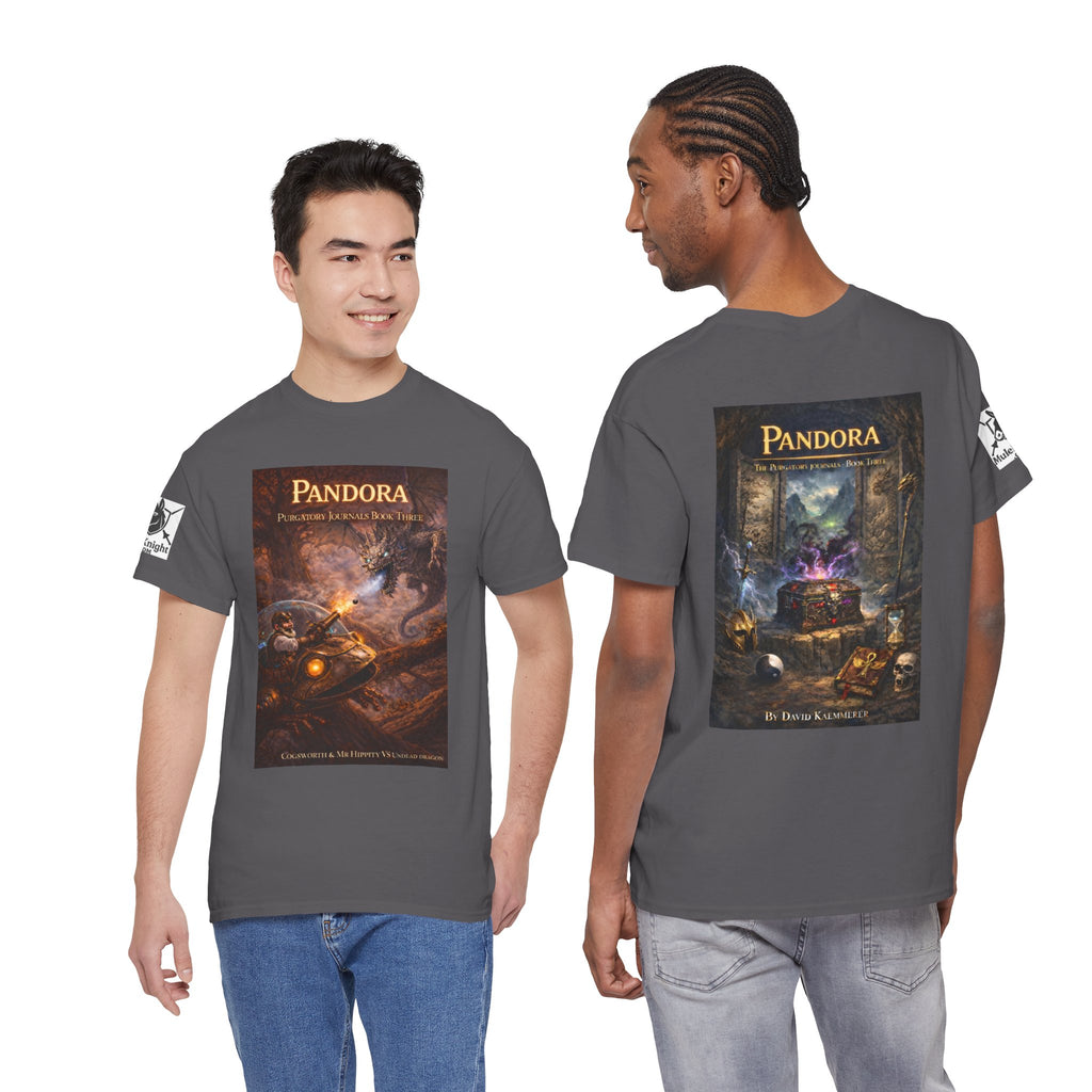 Pandora Cogsworth & Mr Hippty Vs Undead Dragon on Front - Pandora book cover on back -Purgatory Journals Book 3 -  Graphic Tee — Fantasy Novel tee
