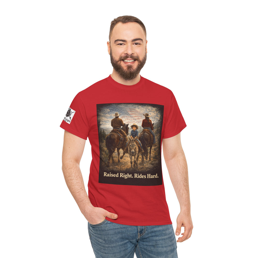 Raised Right Rides Hard USA Flag T-Shirt — Cowboy Landscape Graphic Tee