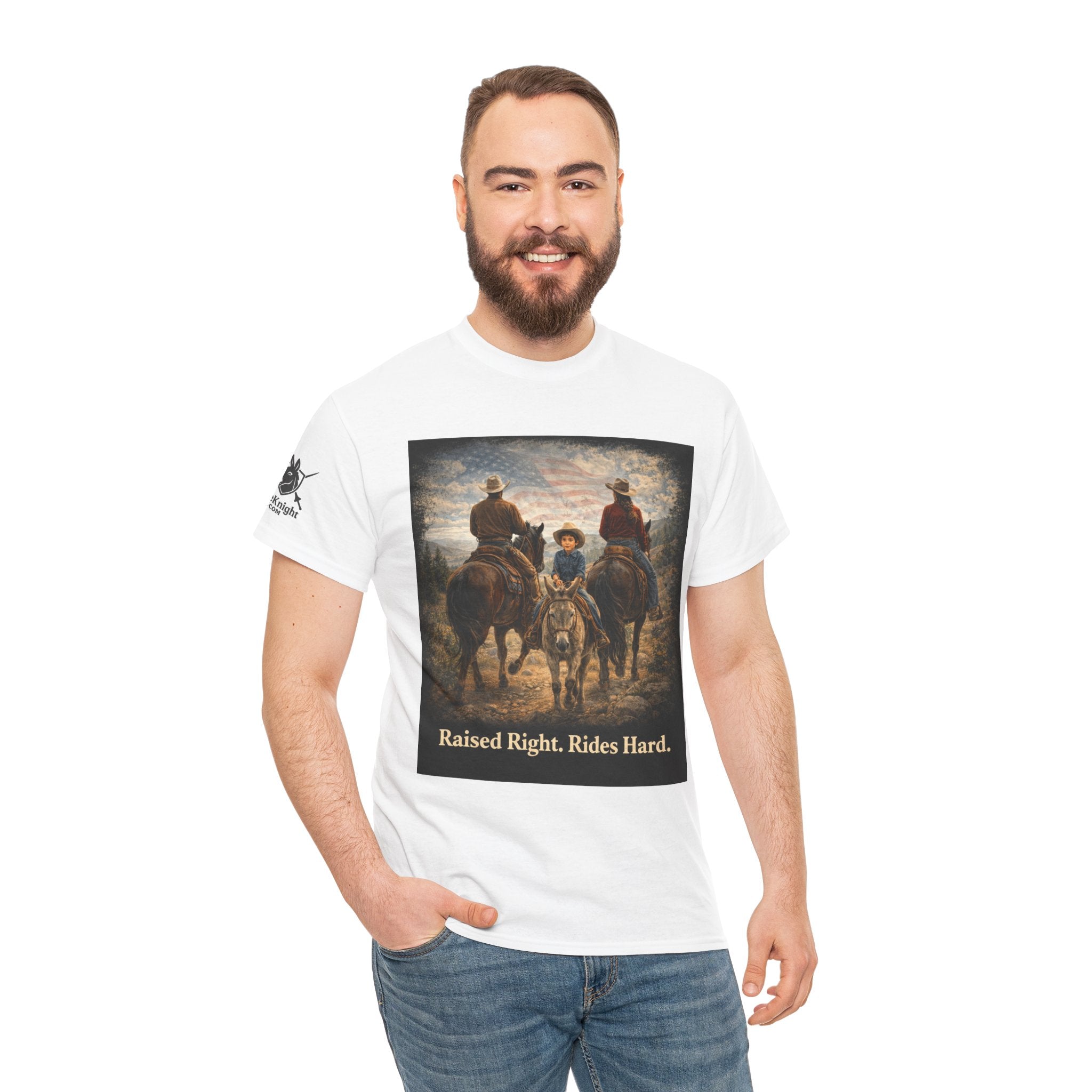 Raised Right Rides Hard USA Flag T-Shirt — Cowboy Landscape Graphic Tee