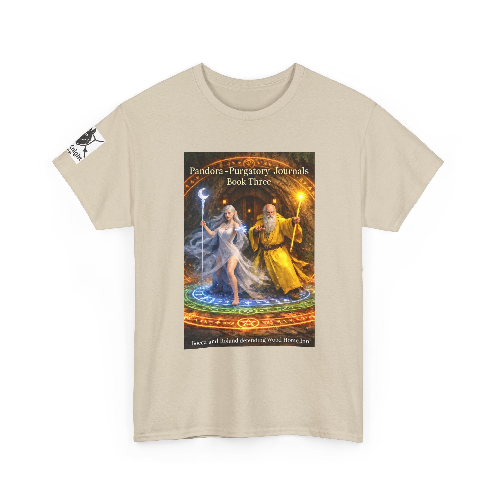 Pandora Bocca and Roland Defending Wood Home on Front - Pandora book cover on back -Purgatory Journals Book 3 -  Graphic Tee — Fantasy Novel tee