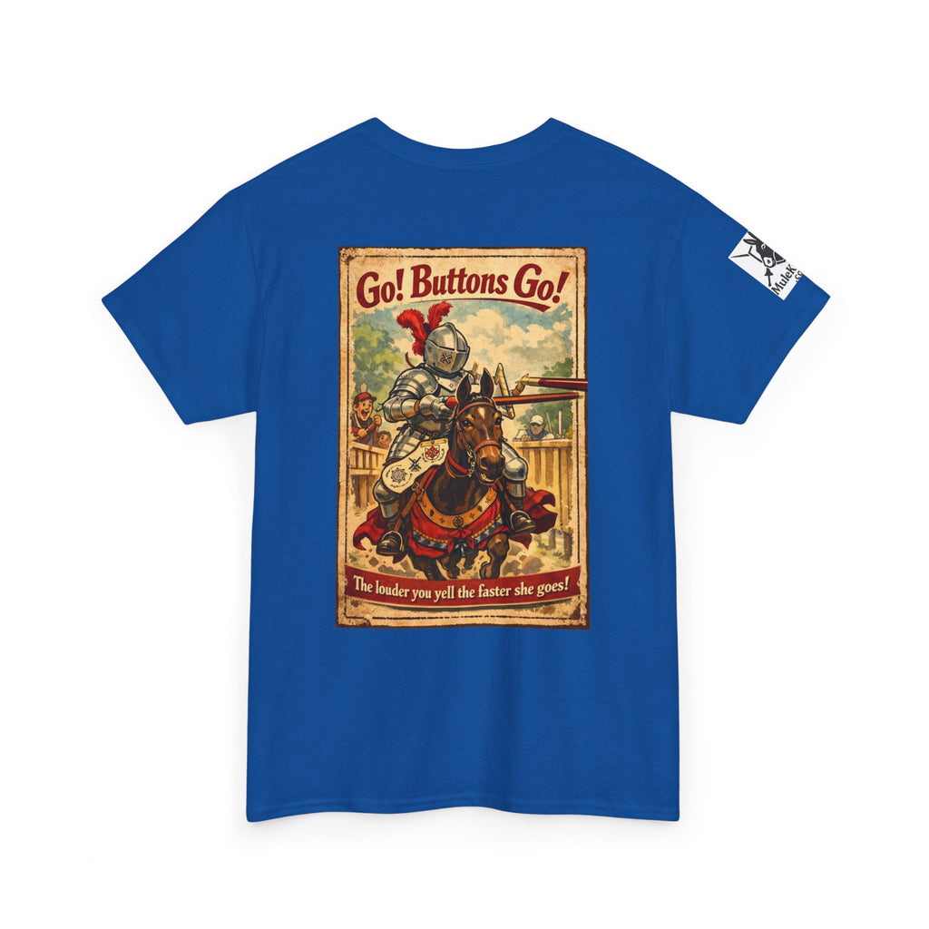 Vintage ‘Go! Buttons Go!’ Knight Graphic Tee — Retro Medieval T-Shirt