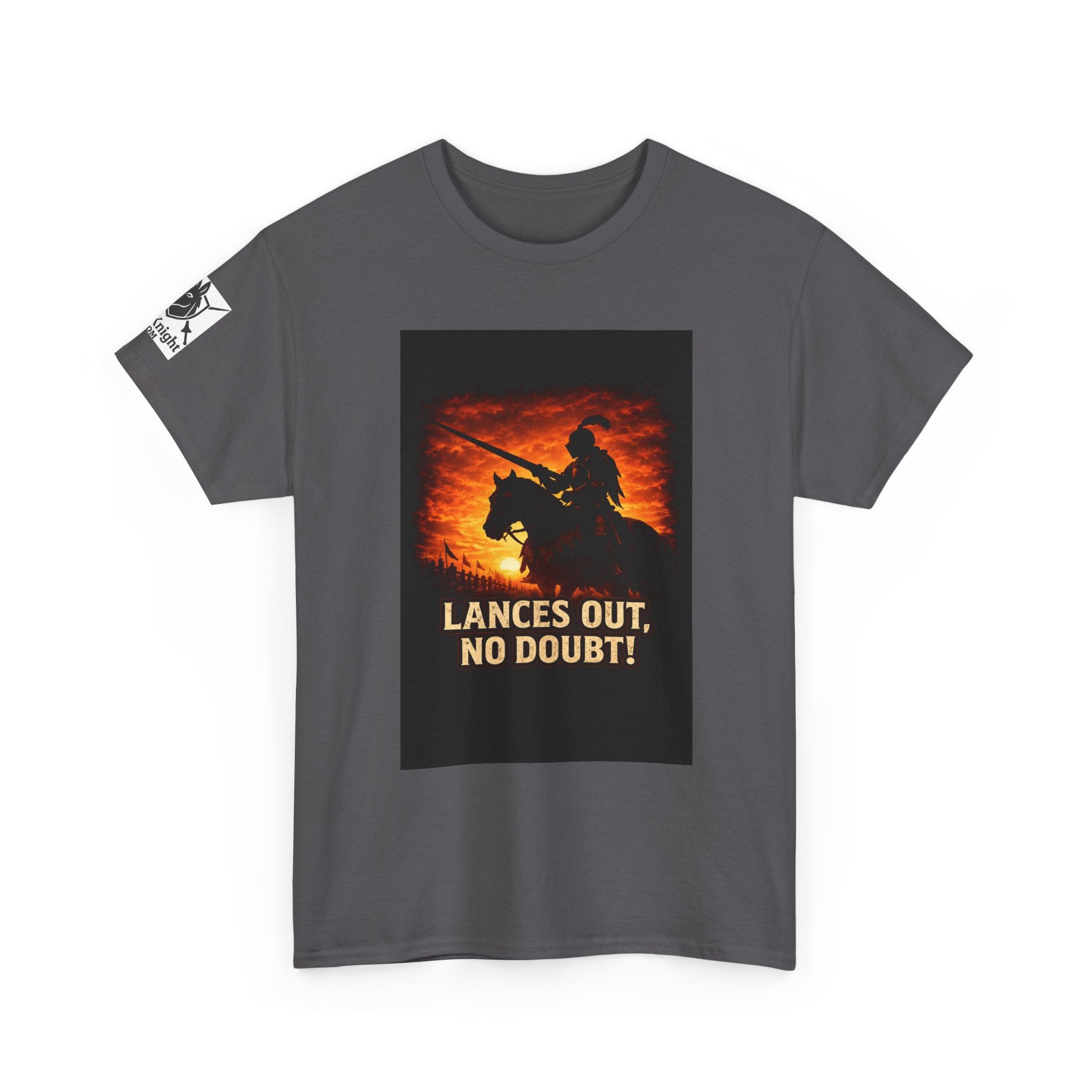 Jousting Knight T‑Shirt – "Lances Out, No Doubt!" Vintage Sunset Tee