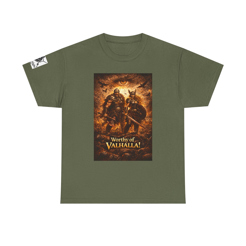 Viking shirt - Viking man and woman on battlefield of ravens - Text of Worthy of Valhalla!   Viking tee
