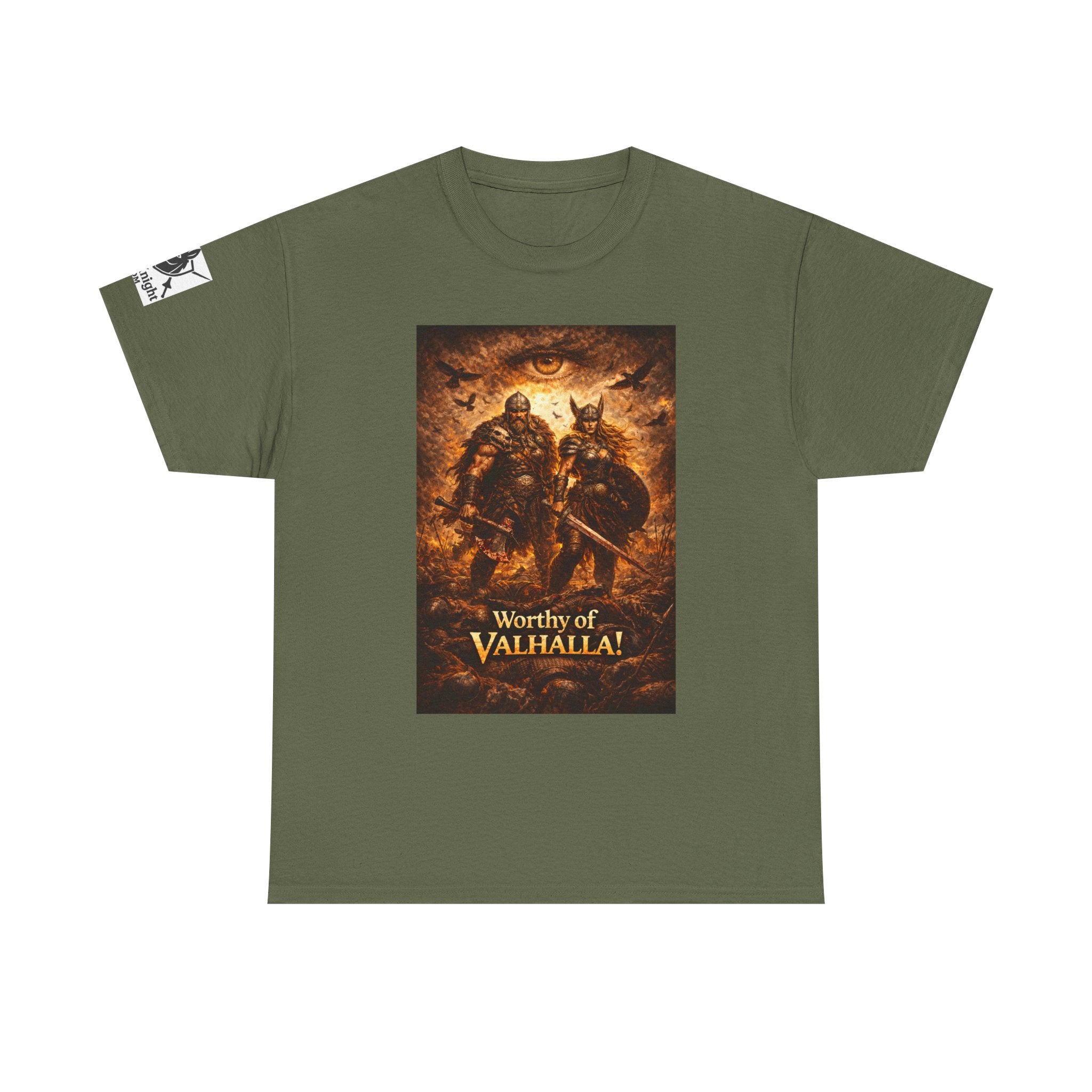 Viking shirt - Viking man and woman on battlefield of ravens - Text of Worthy of Valhalla!   Viking tee