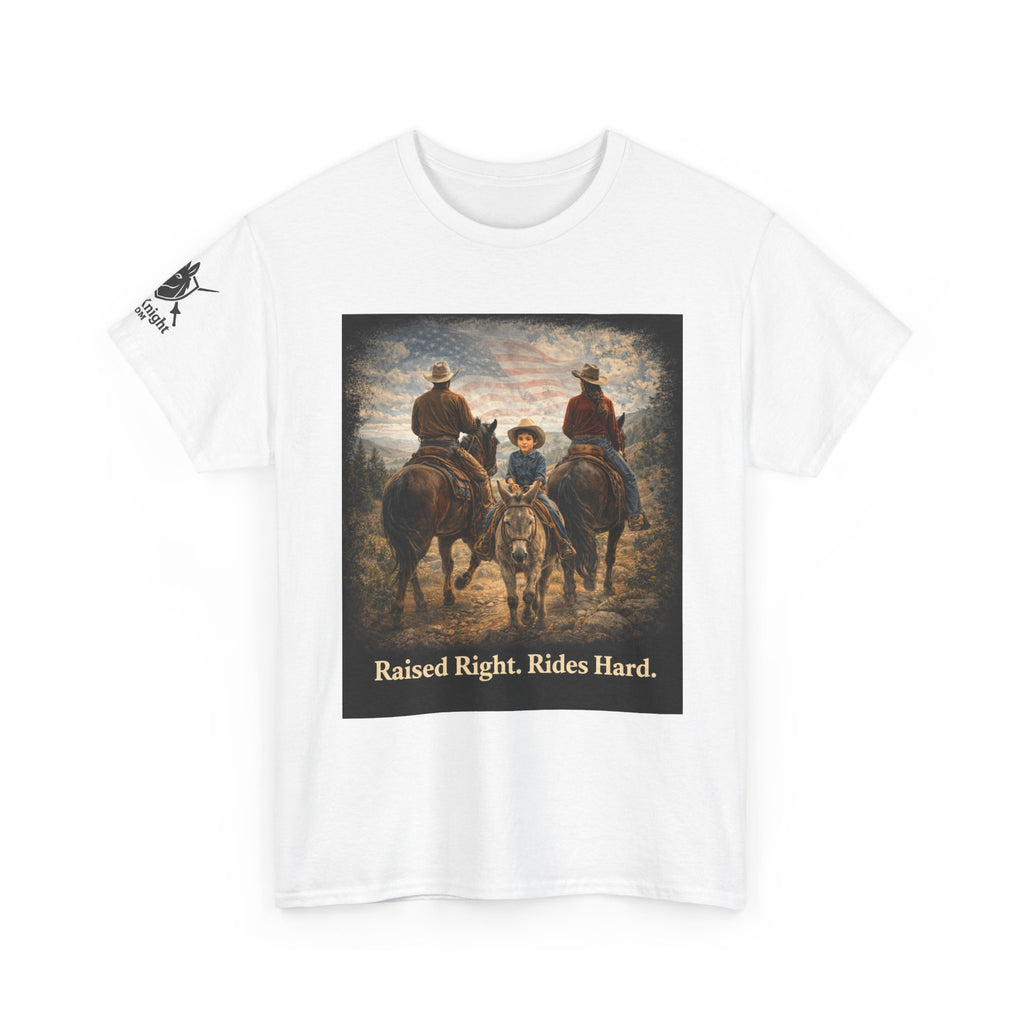 Raised Right Rides Hard USA Flag T-Shirt — Cowboy Landscape Graphic Tee