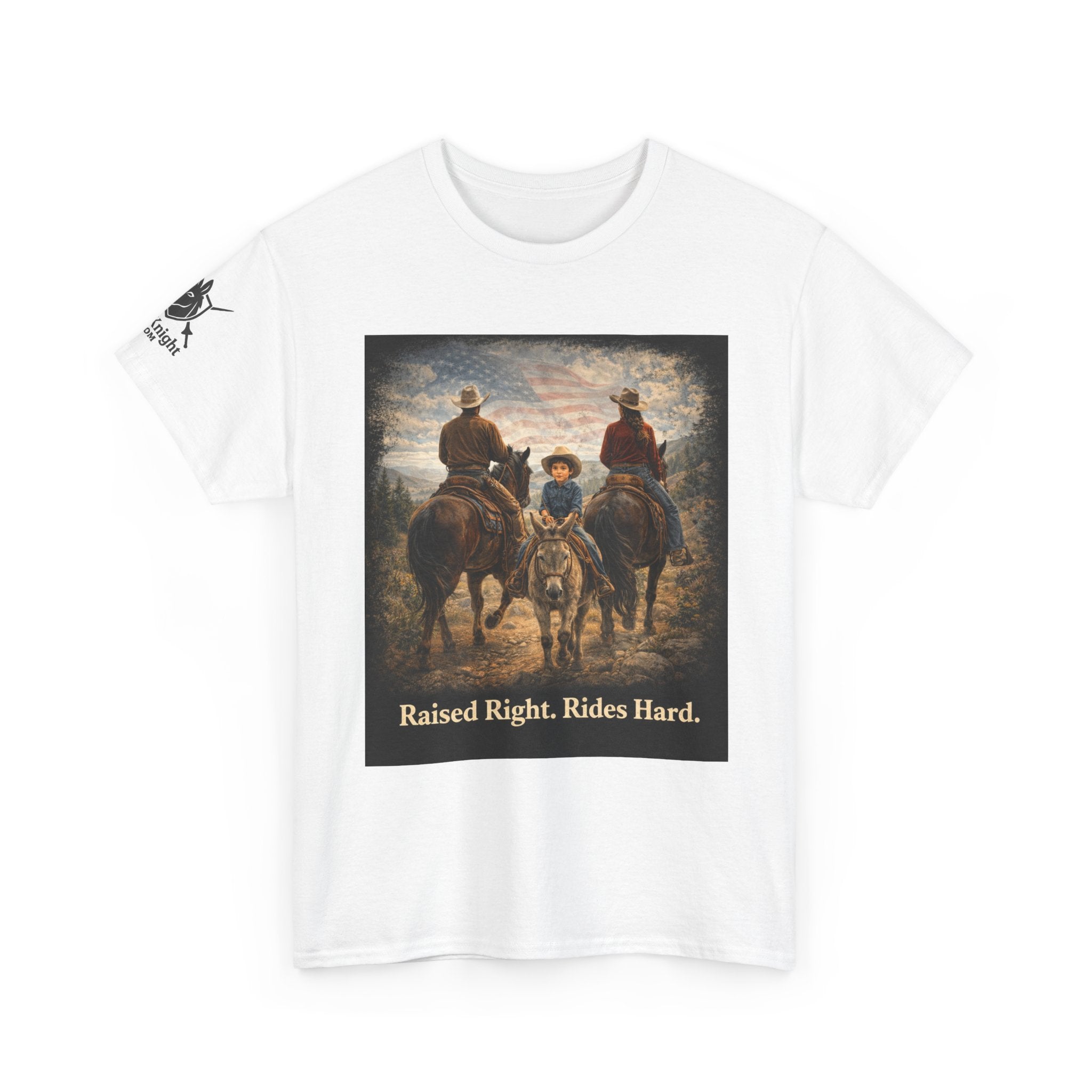 Raised Right Rides Hard USA Flag T-Shirt — Cowboy Landscape Graphic Tee