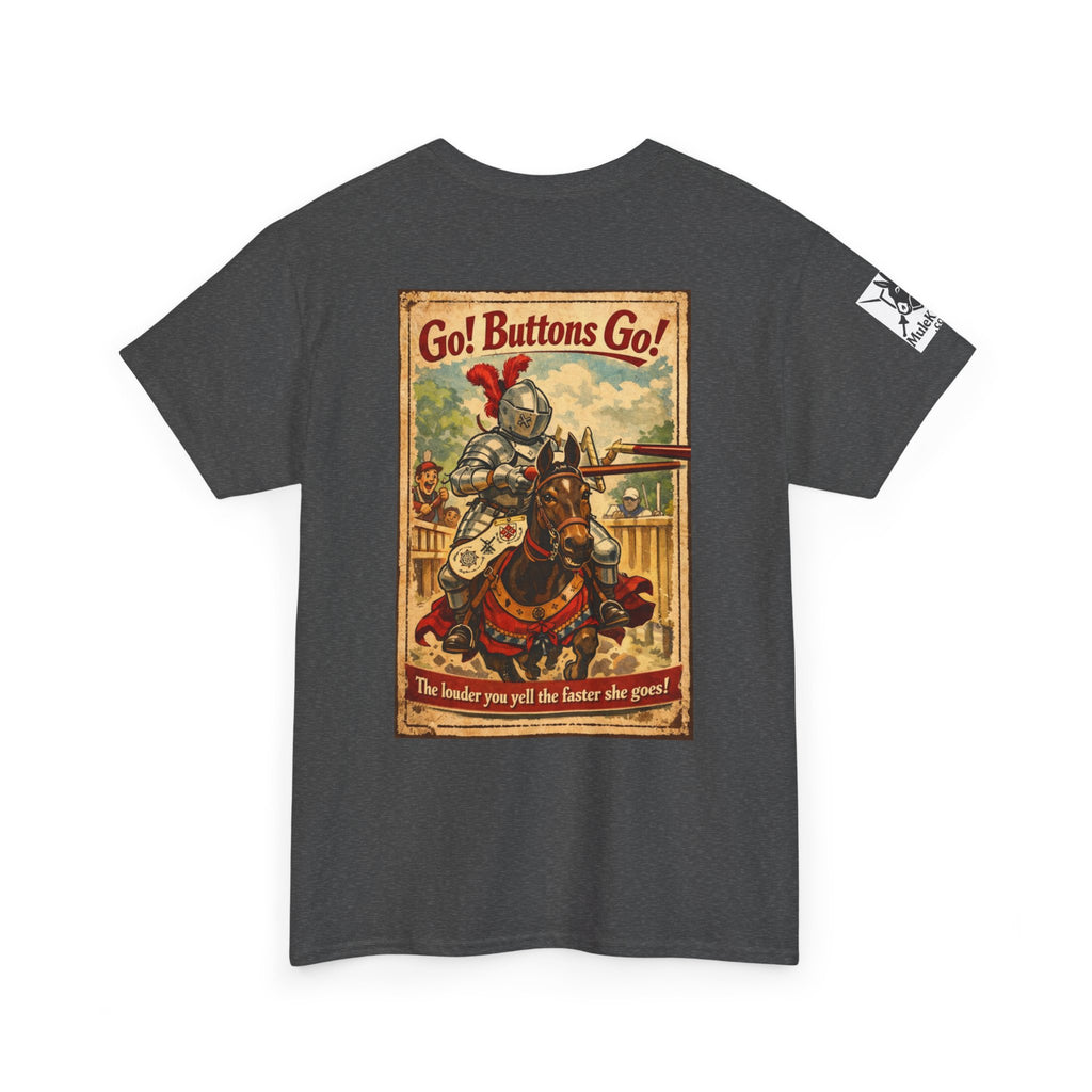 Vintage ‘Go! Buttons Go!’ Knight Graphic Tee — Retro Medieval T-Shirt
