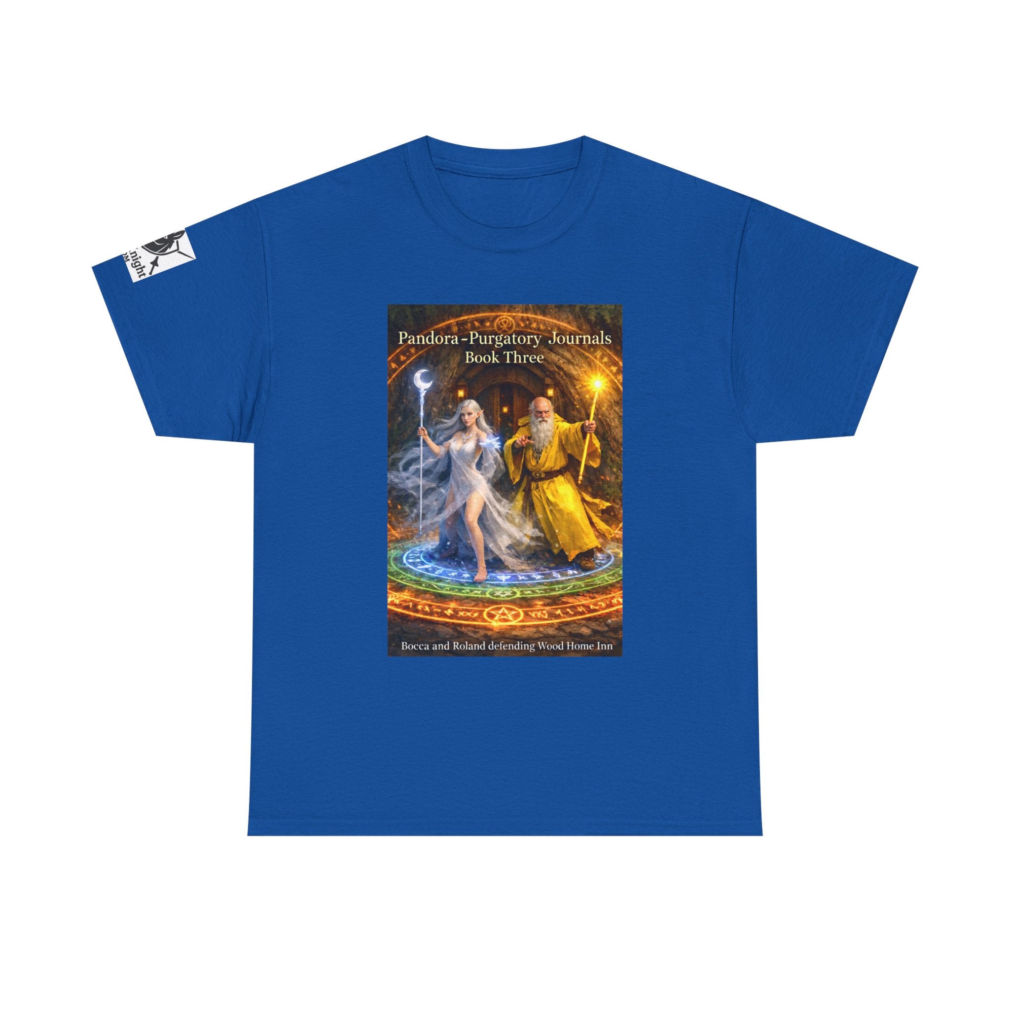 Pandora Bocca and Roland Defending Wood Home on Front - Pandora book cover on back -Purgatory Journals Book 3 -  Graphic Tee — Fantasy Novel tee