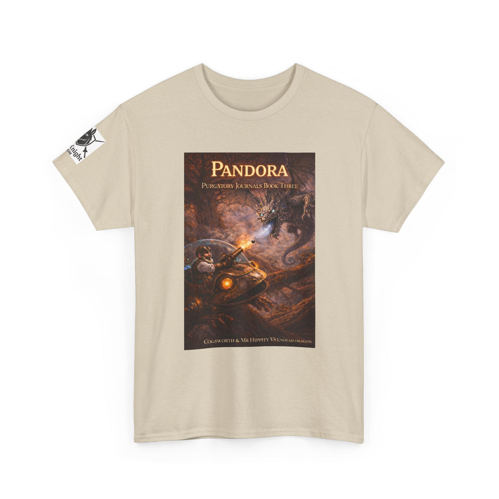 Pandora Cogsworth & Mr Hippty Vs Undead Dragon on Front - Pandora book cover on back -Purgatory Journals Book 3 -  Graphic Tee — Fantasy Novel tee