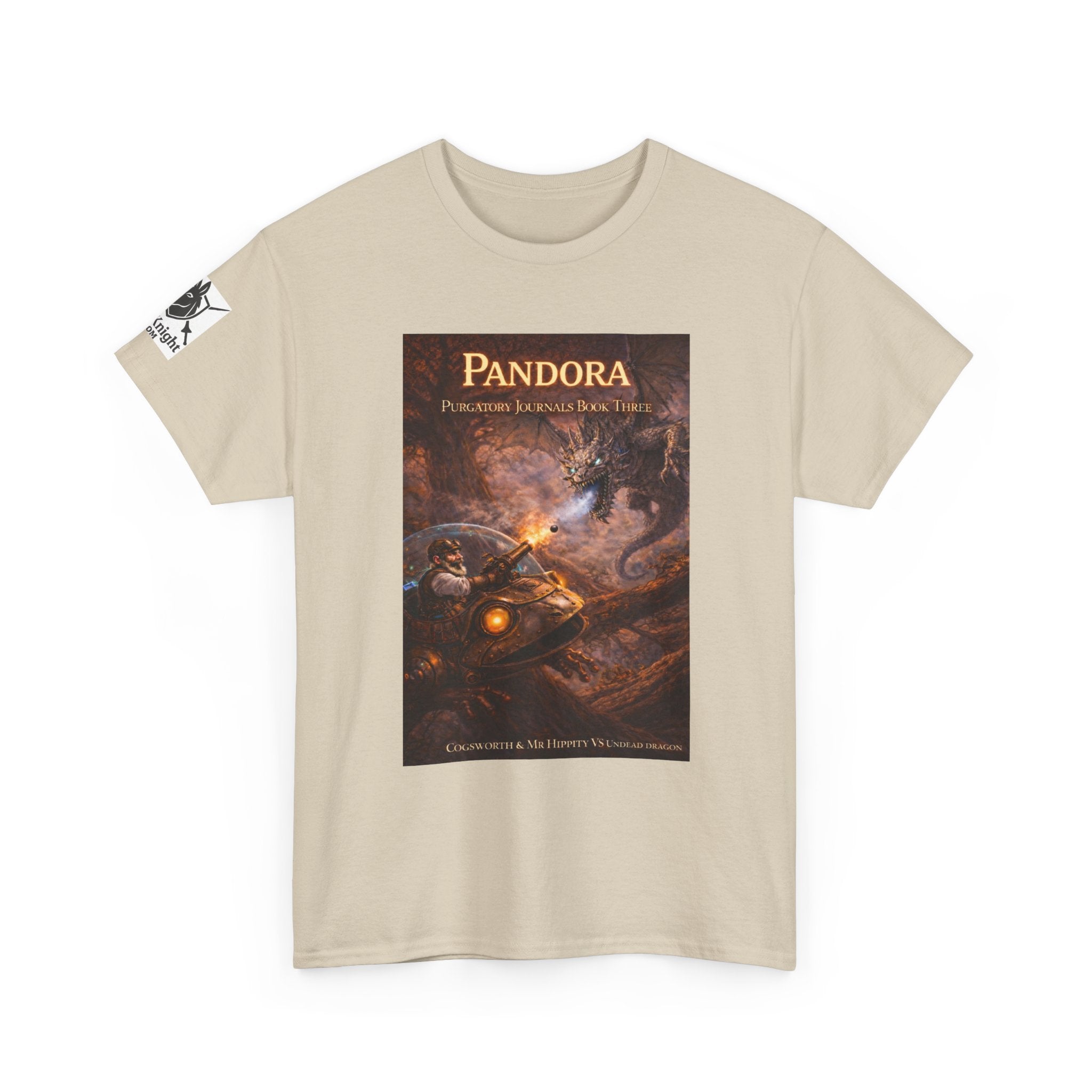 Pandora Cogsworth & Mr Hippty Vs Undead Dragon on Front - Pandora book cover on back -Purgatory Journals Book 3 -  Graphic Tee — Fantasy Novel tee