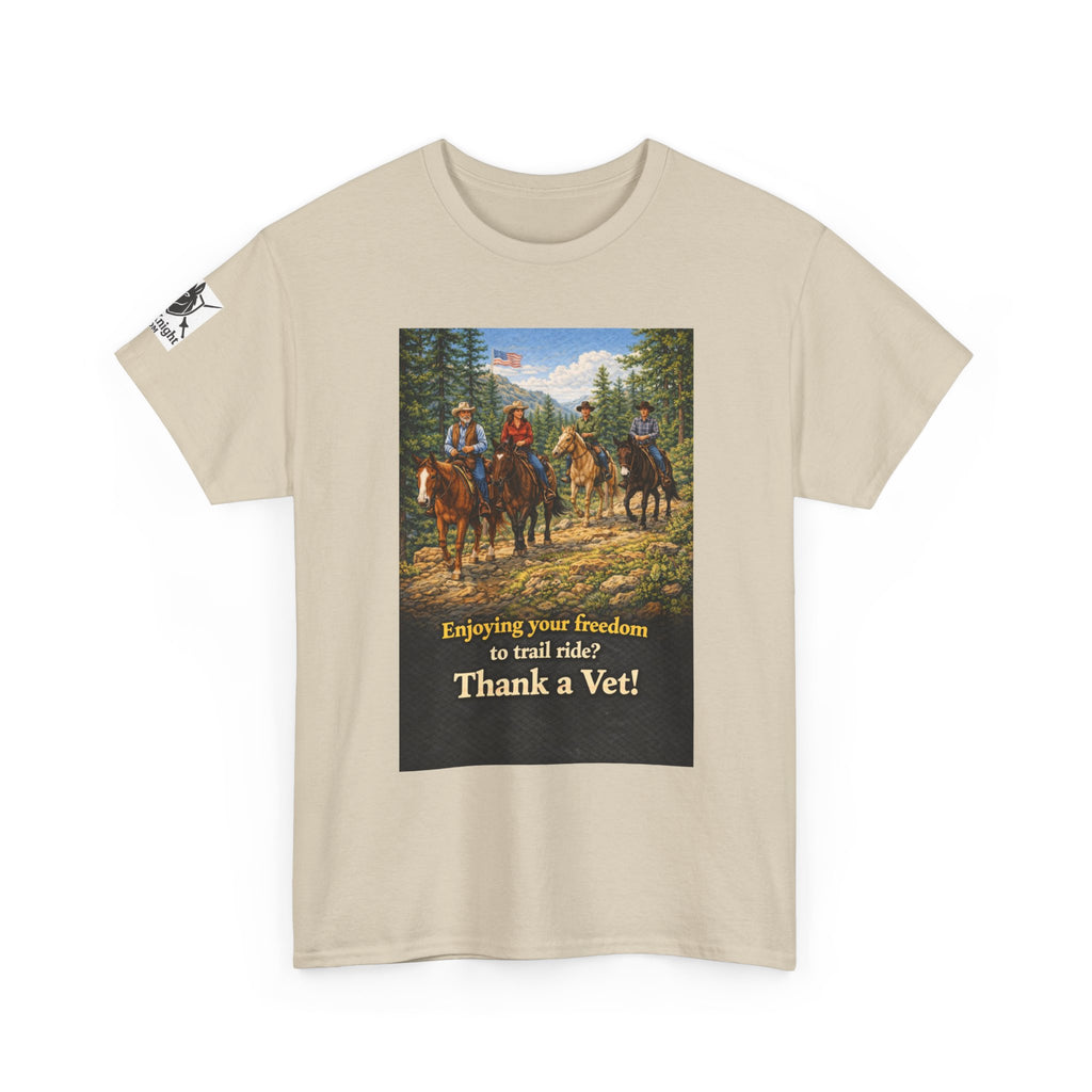 Horse trail Rider Retro Graphic Tee - "Enjoying your freedom to trail ride?  Thank a Vet!"